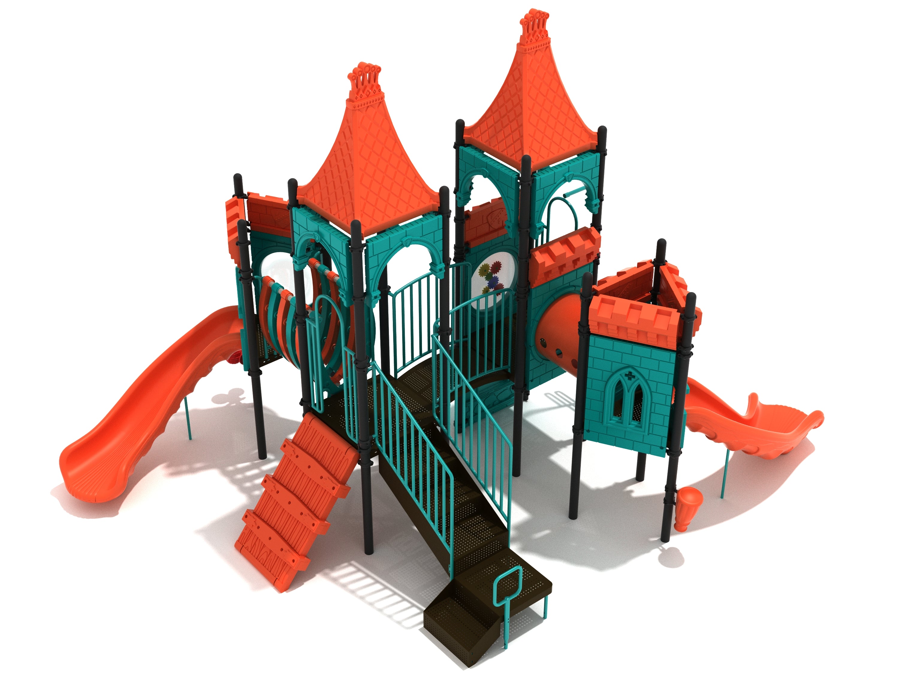 Dragon's Dungeon Playground with castle-themed towers, slides, climbers, interactive panels in orange and teal colors