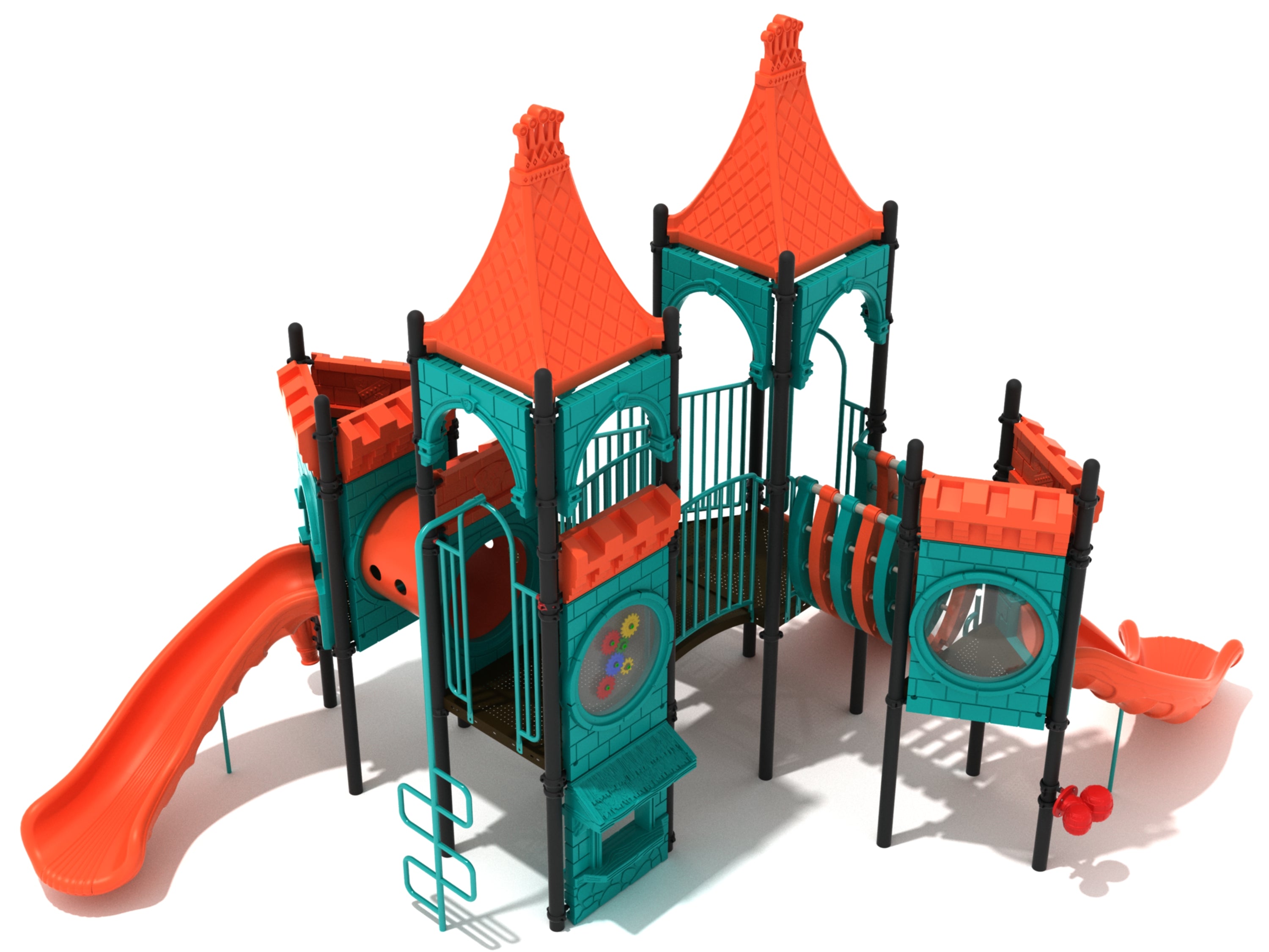 Castle-themed playground with orange roofs, slides, climbing structures, and interactive teal and black panels