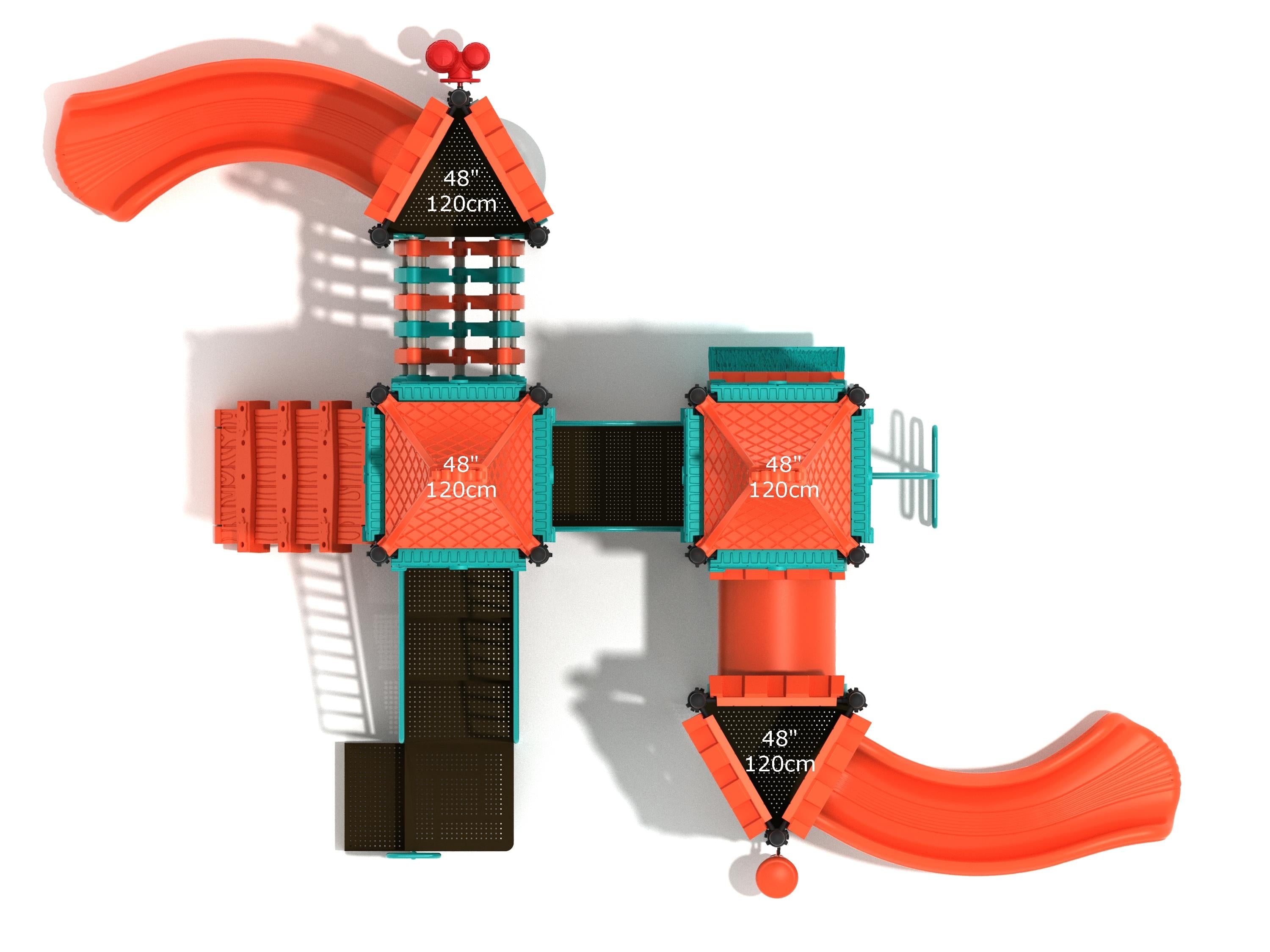 Overhead view of colorful castle-themed playground with slides, climbers, connecting platforms, and interactive play panels in orange and teal