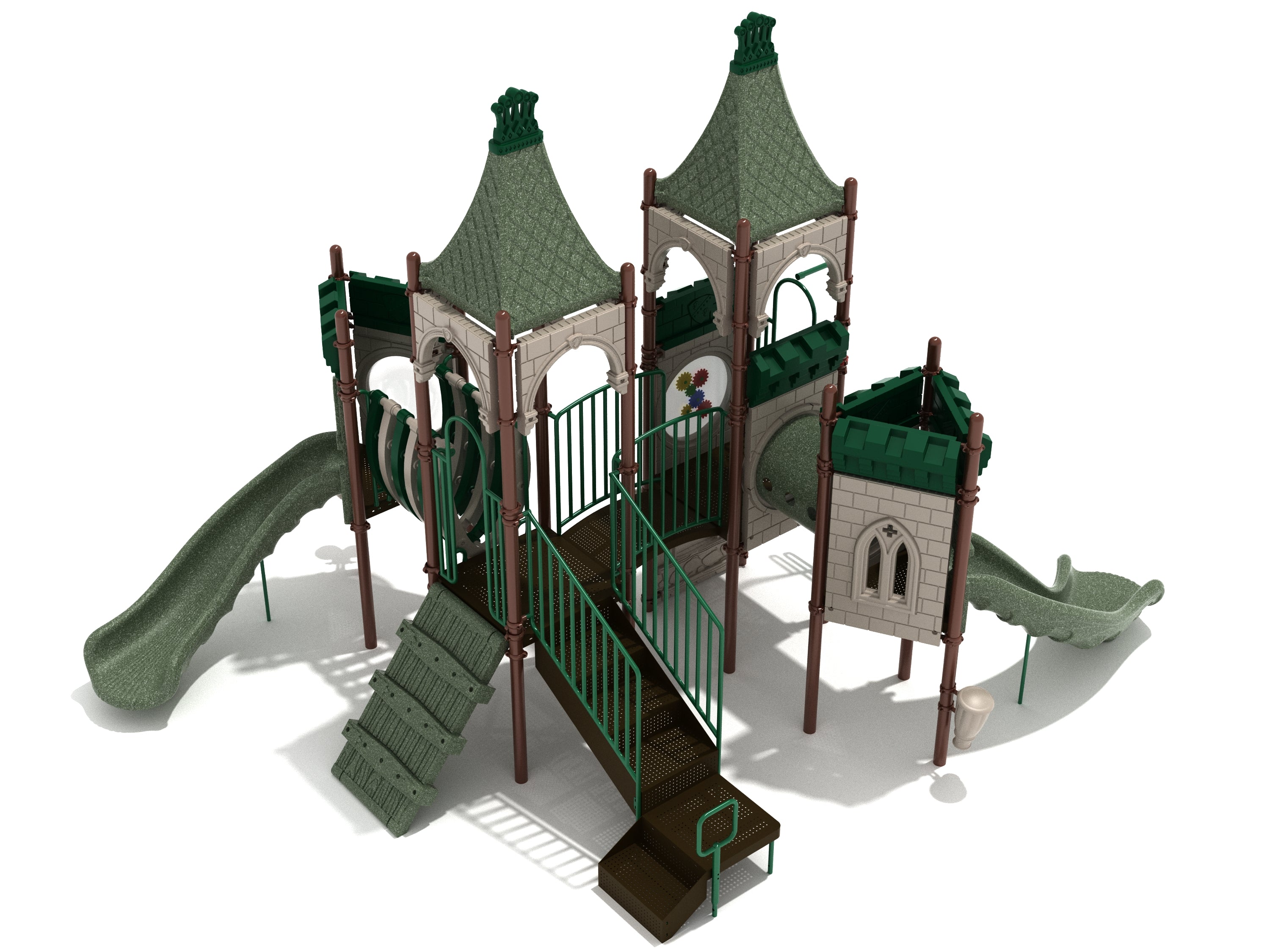Castle-themed playground with green slides, climbing ramp, bridge, and interactive panels in muted earth tones