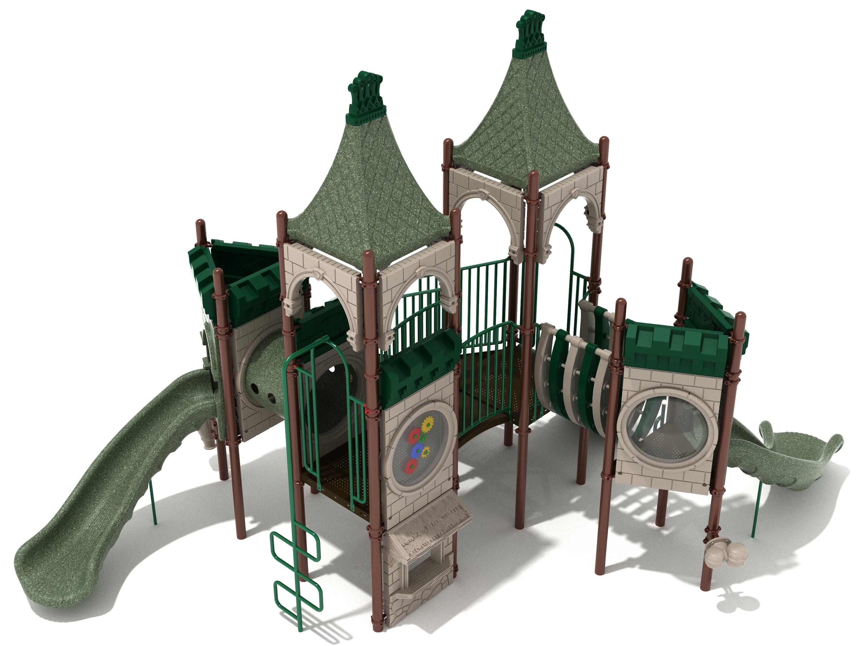 Castle-themed playground with green roofs, slides, climbing structures, gear and bubble panels, and interactive play features