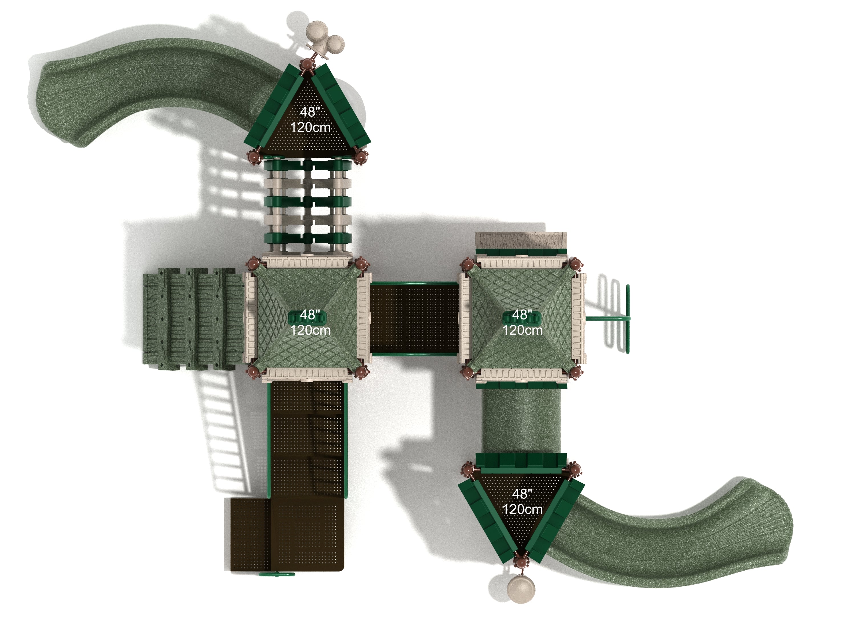 Overhead view of a castle-themed playground with slides, climbers, bridges, and interactive play panels in green and brown tones