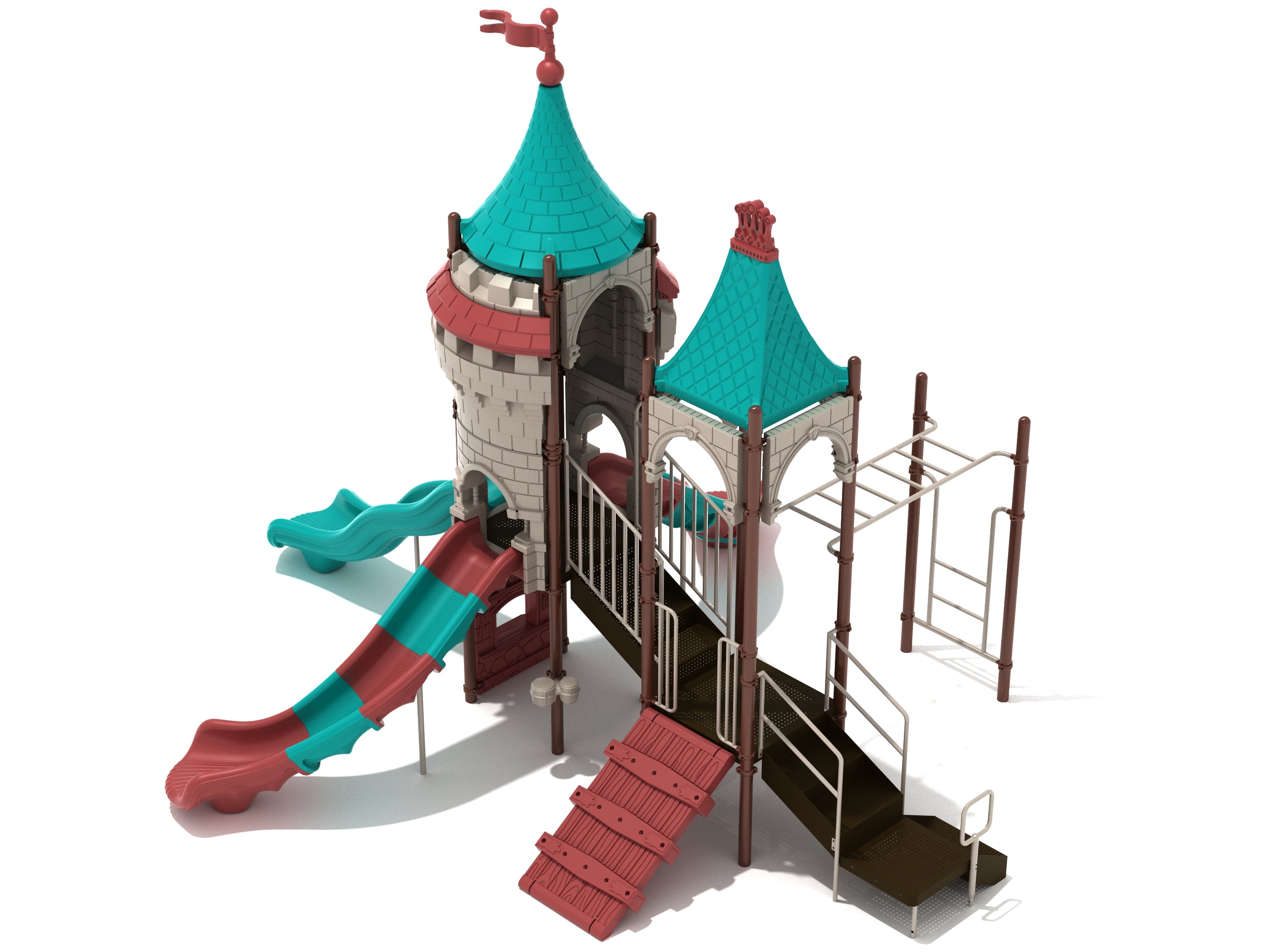 Lionheart Lair Playground with castle towers, teal and red wave and spiral slides, climbers, monkey bars, and interactive play panels