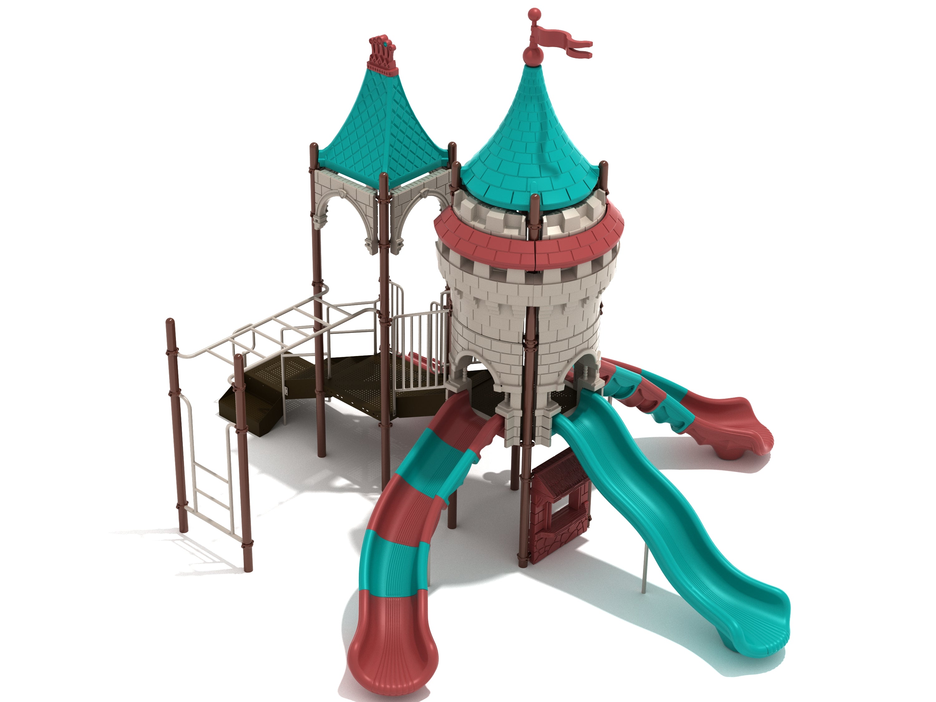 Castle-themed playground structure with two turrets, teal and red slides, climbing ladder, and horizontal bars.