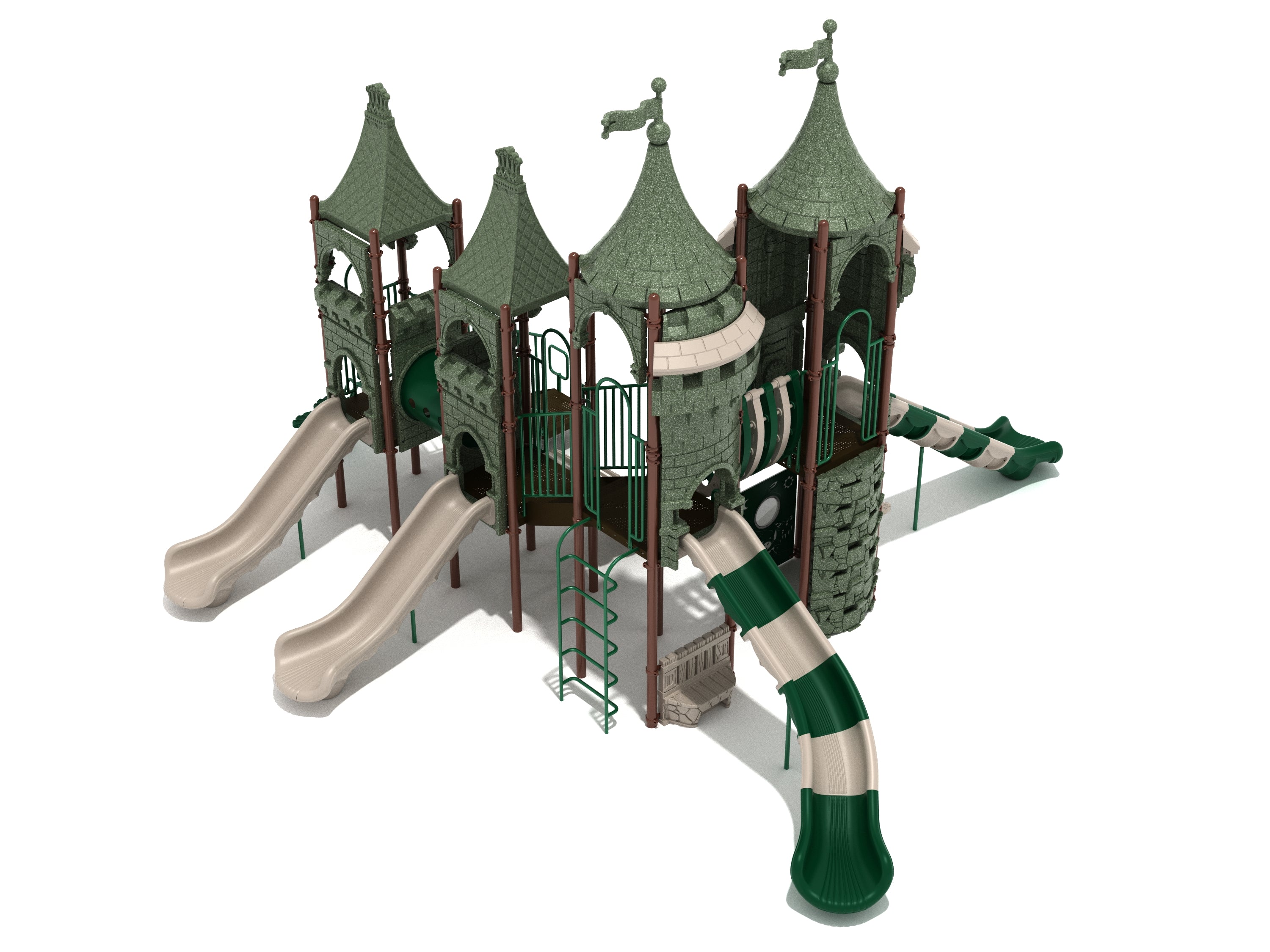 Castle-themed playground structure with green and beige slides, climbing ladders, connecting bridges, and whimsical roofs