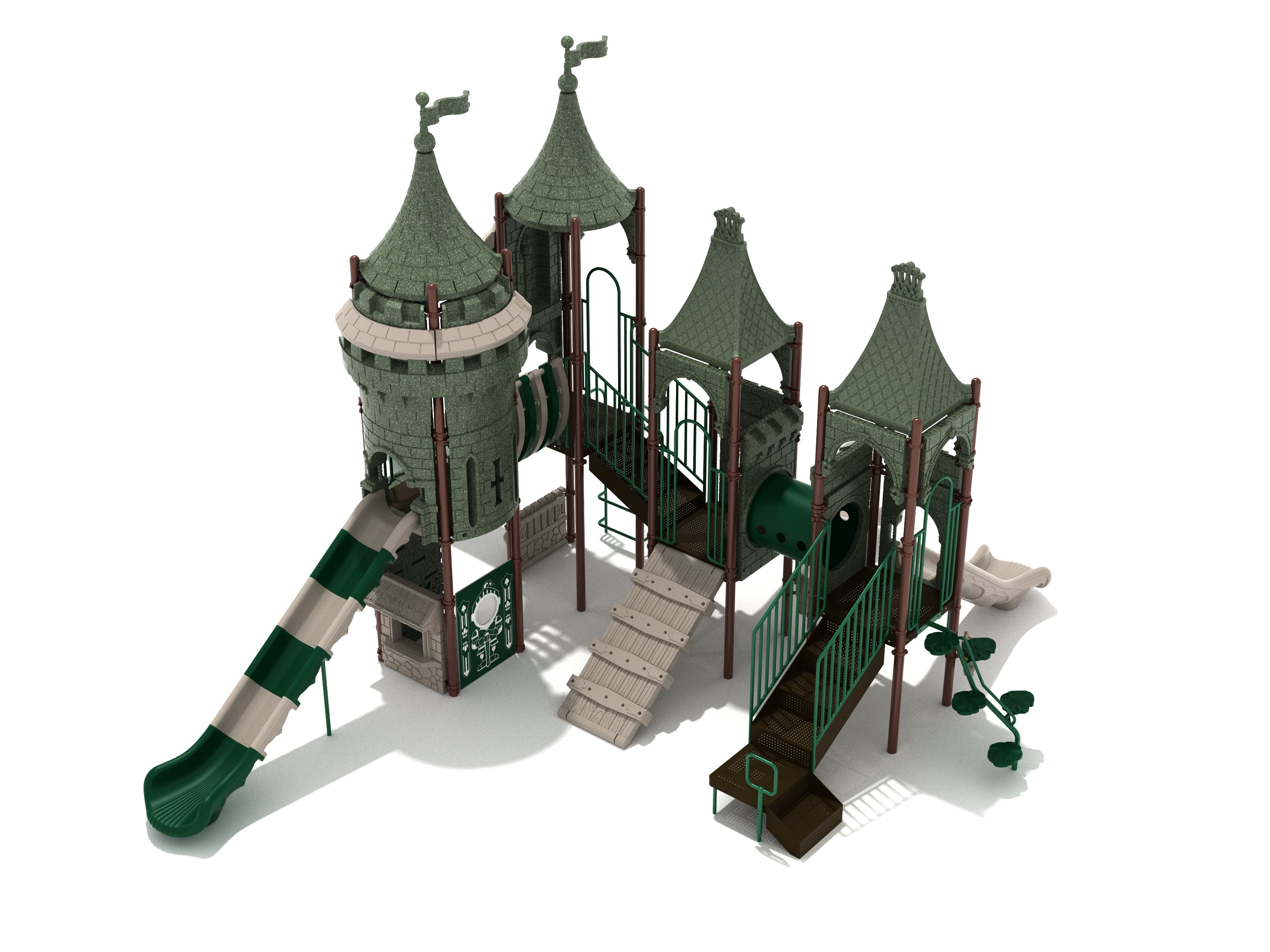 Gwendolyn's Guild Playground with castle-themed towers, green and beige slides, bridges, climbers, and activity panels