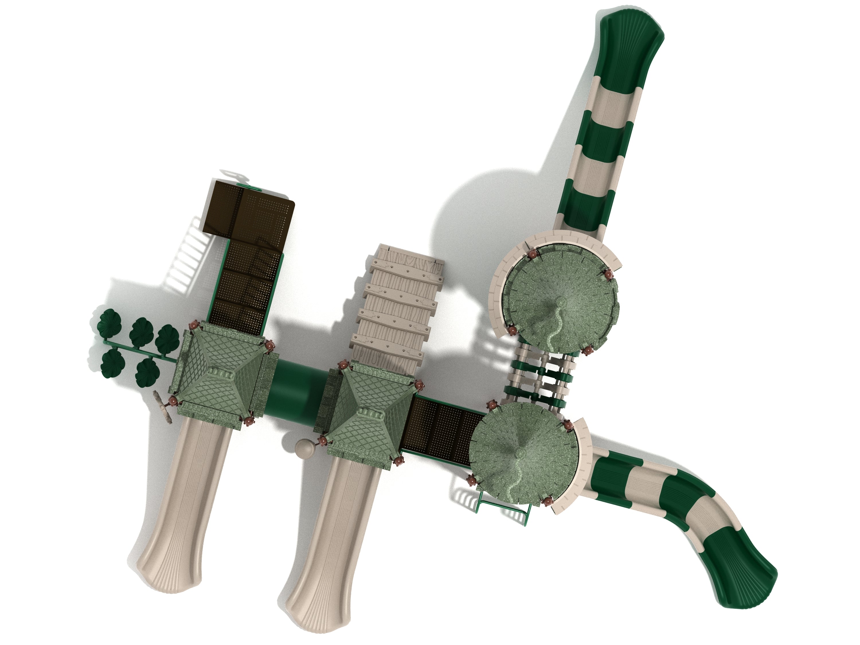 Overhead view of a large castle-themed playground with multiple slides, climbing structures, bridges, and activity panels in green and beige