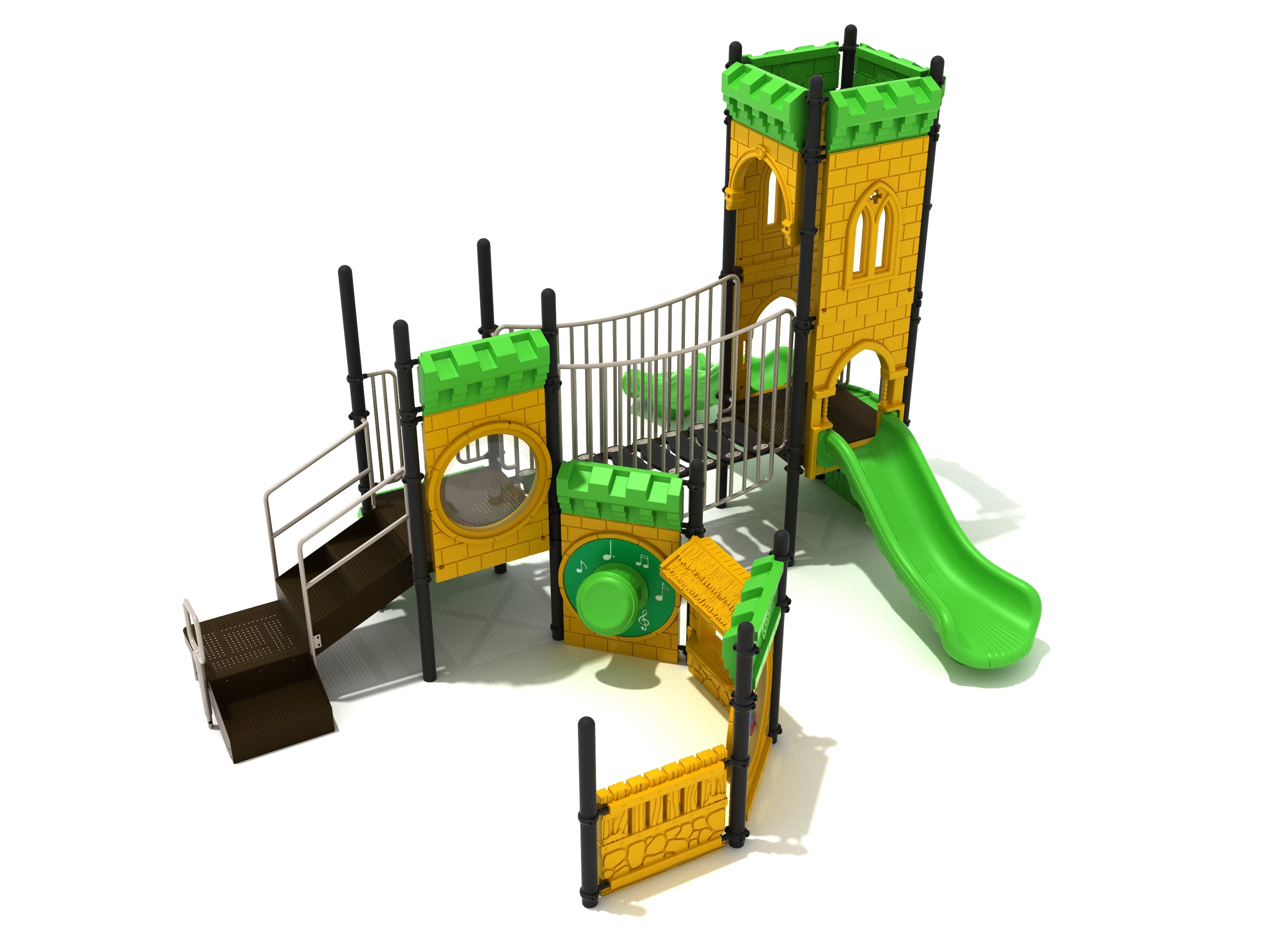 Castle-themed playground with green roof accents, green slide, interactive gear, store, and drum panels, climbing ramp, and lookout bubble panel.