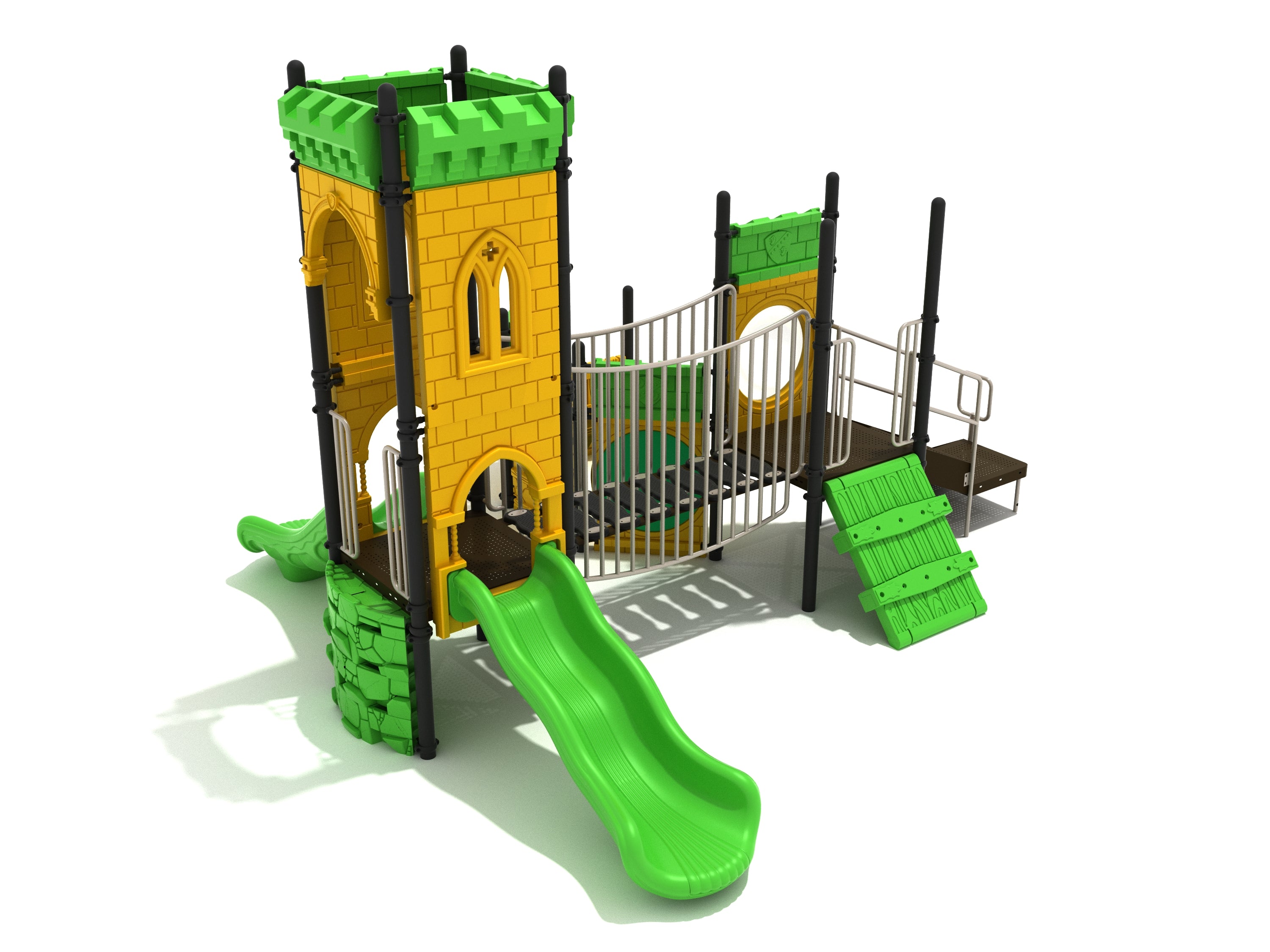 Avalon Island Playground with castle-themed tower, green slides, climbing wall, bridge, and interactive play panels
