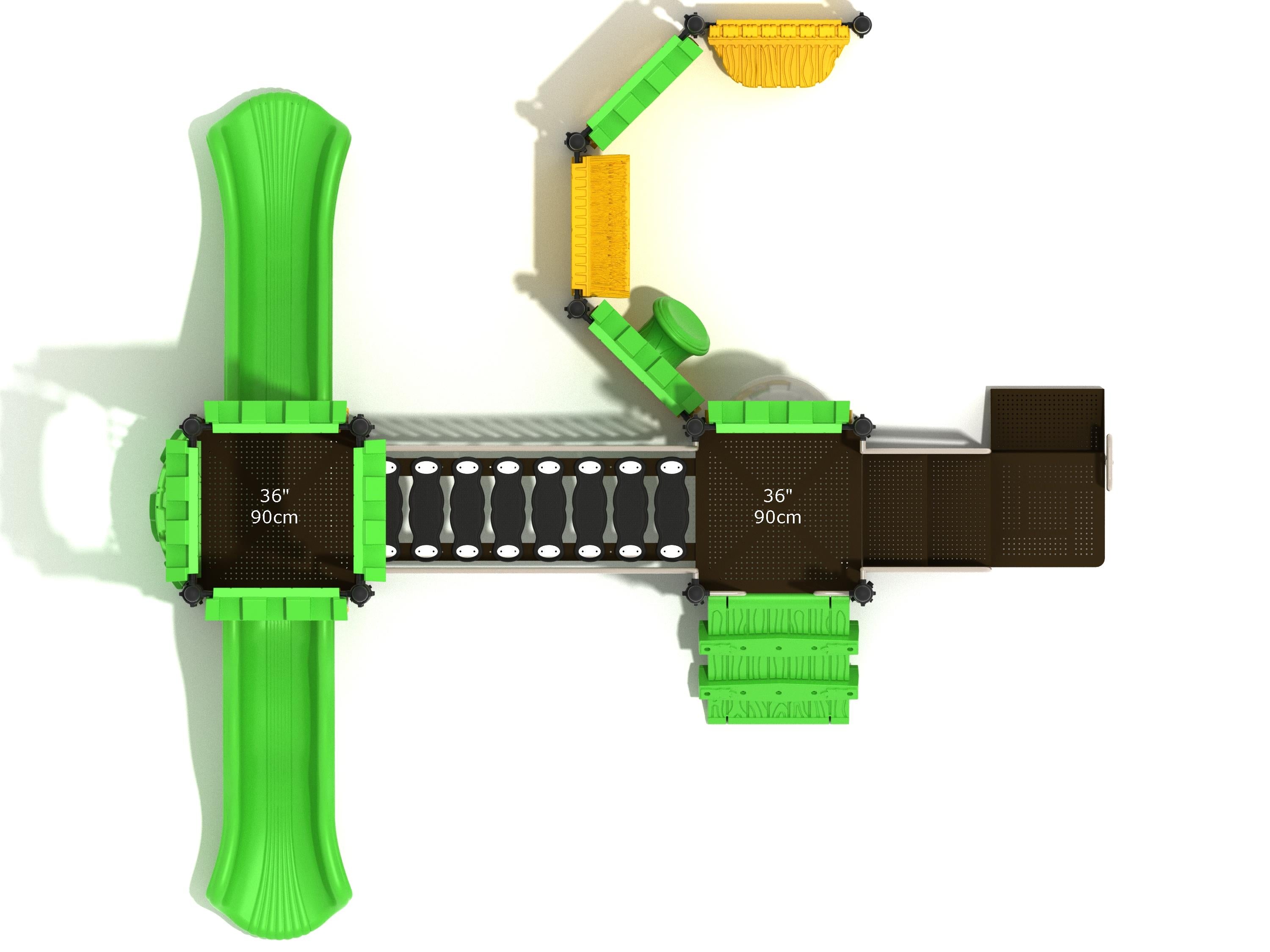 Overhead view of colorful playground with green slides, climbing panels, bridge, and interactive play features
