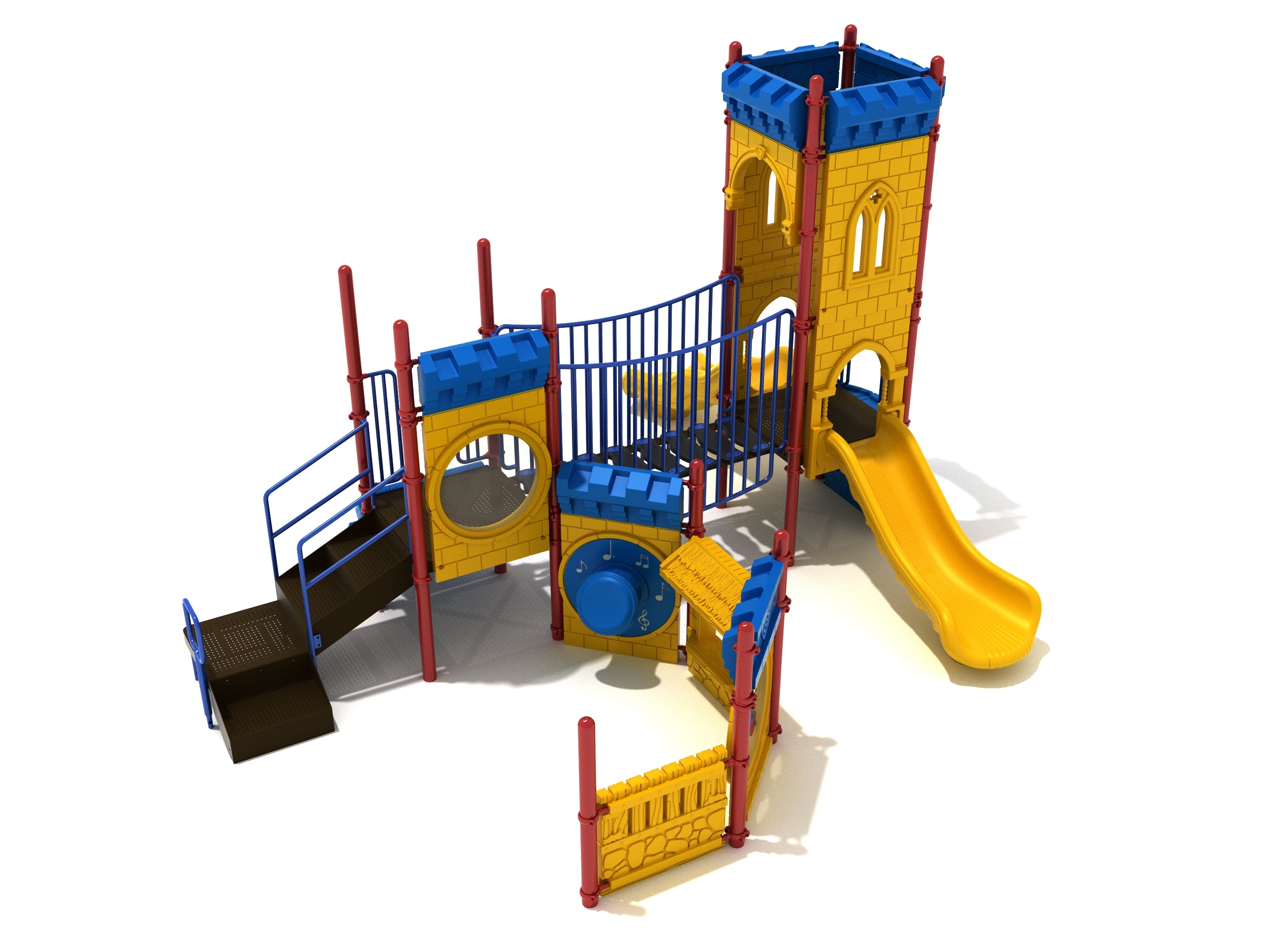 Colorful castle-themed playground with yellow slides, blue railings, interactive gear, store, and drum play panels.