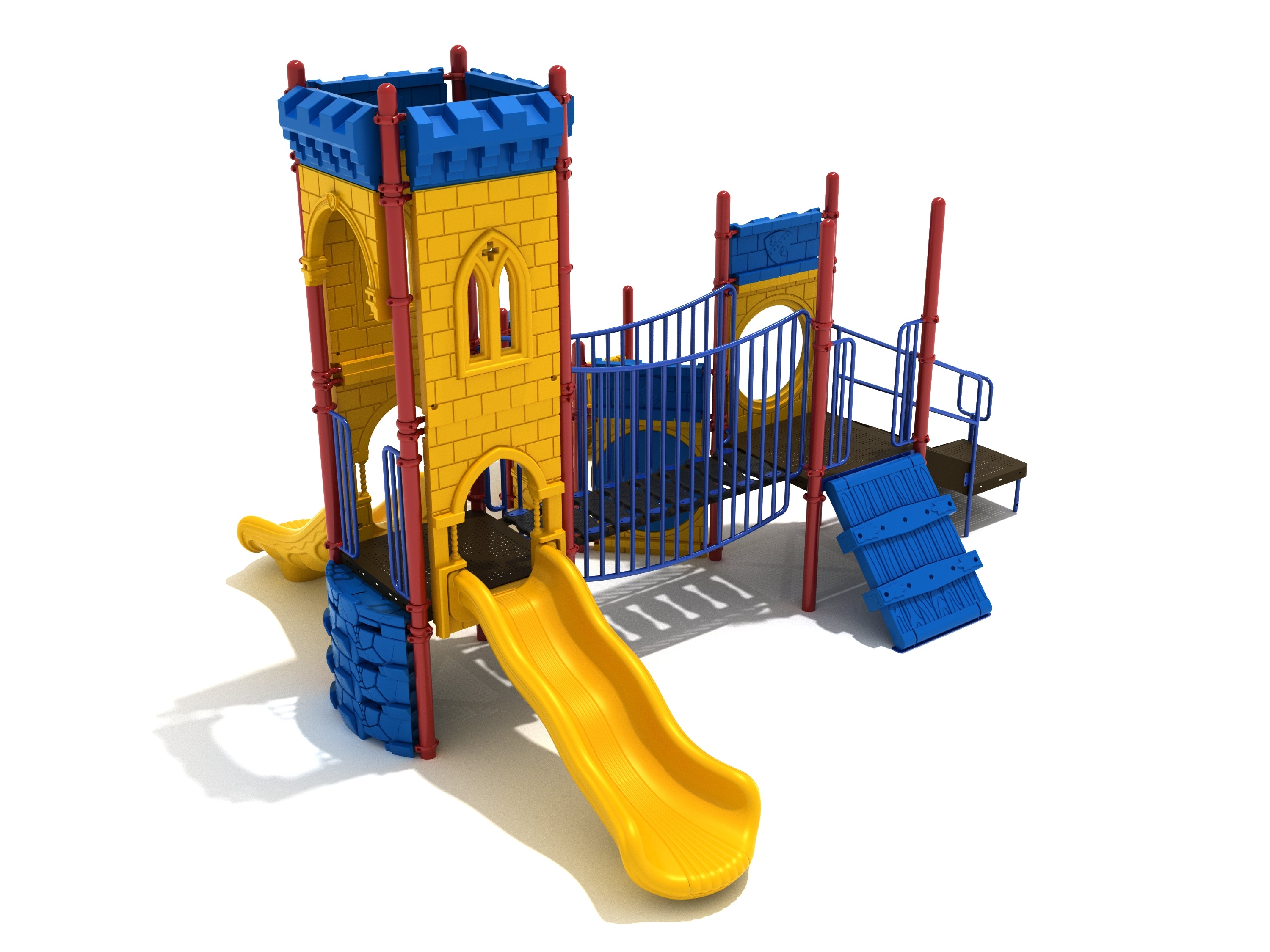 Colorful castle-themed playground with yellow slides, blue climbing wall, red posts, connecting bridge, and interactive play panels