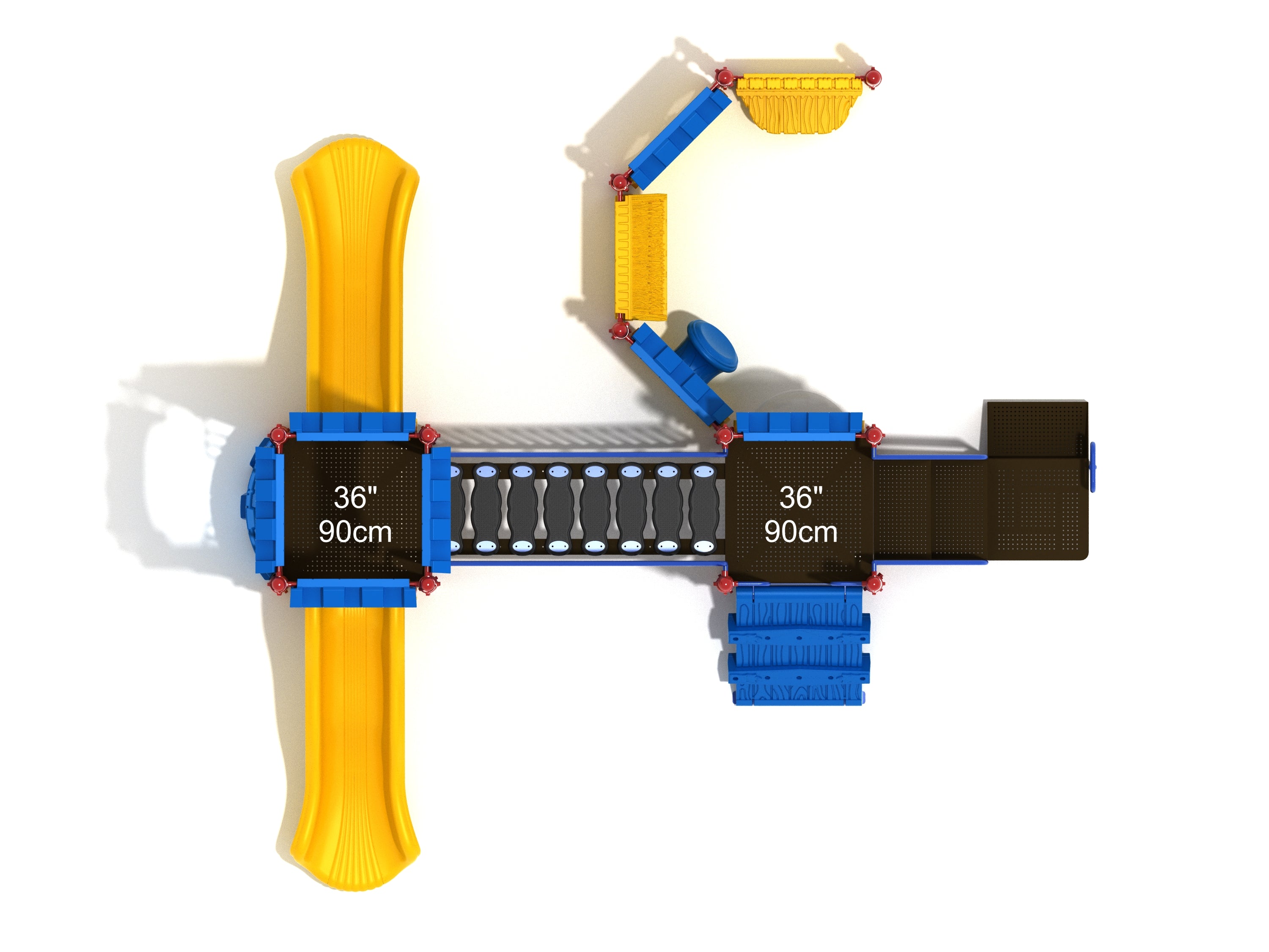 Overhead view of colorful playground with yellow slides, blue climbing elements, black platforms, and connecting bridge