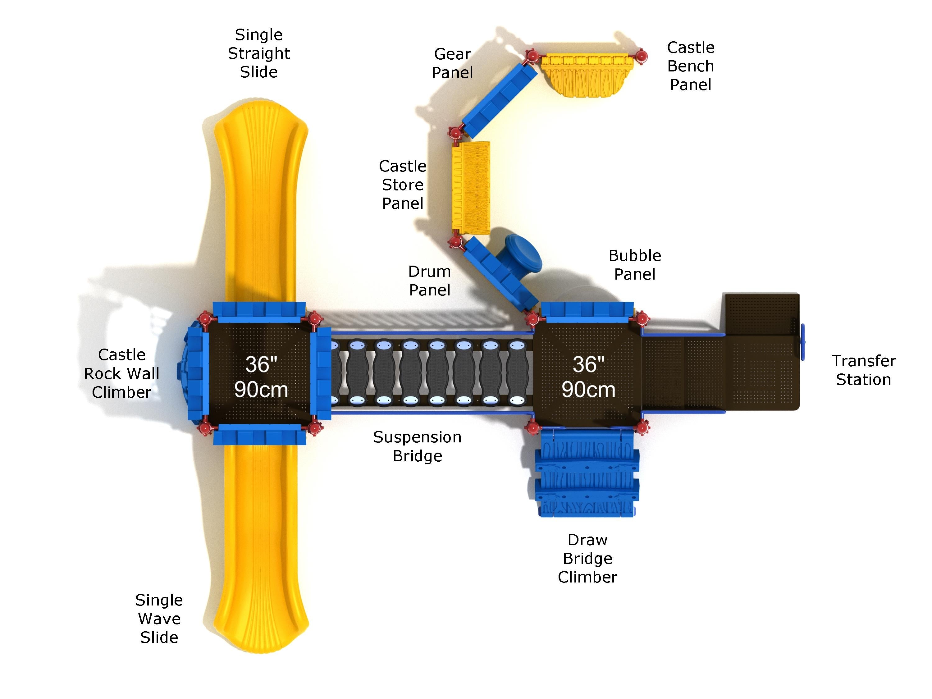 Overhead view of colorful playground with yellow slides, blue climbers, suspension bridge, and interactive play panels