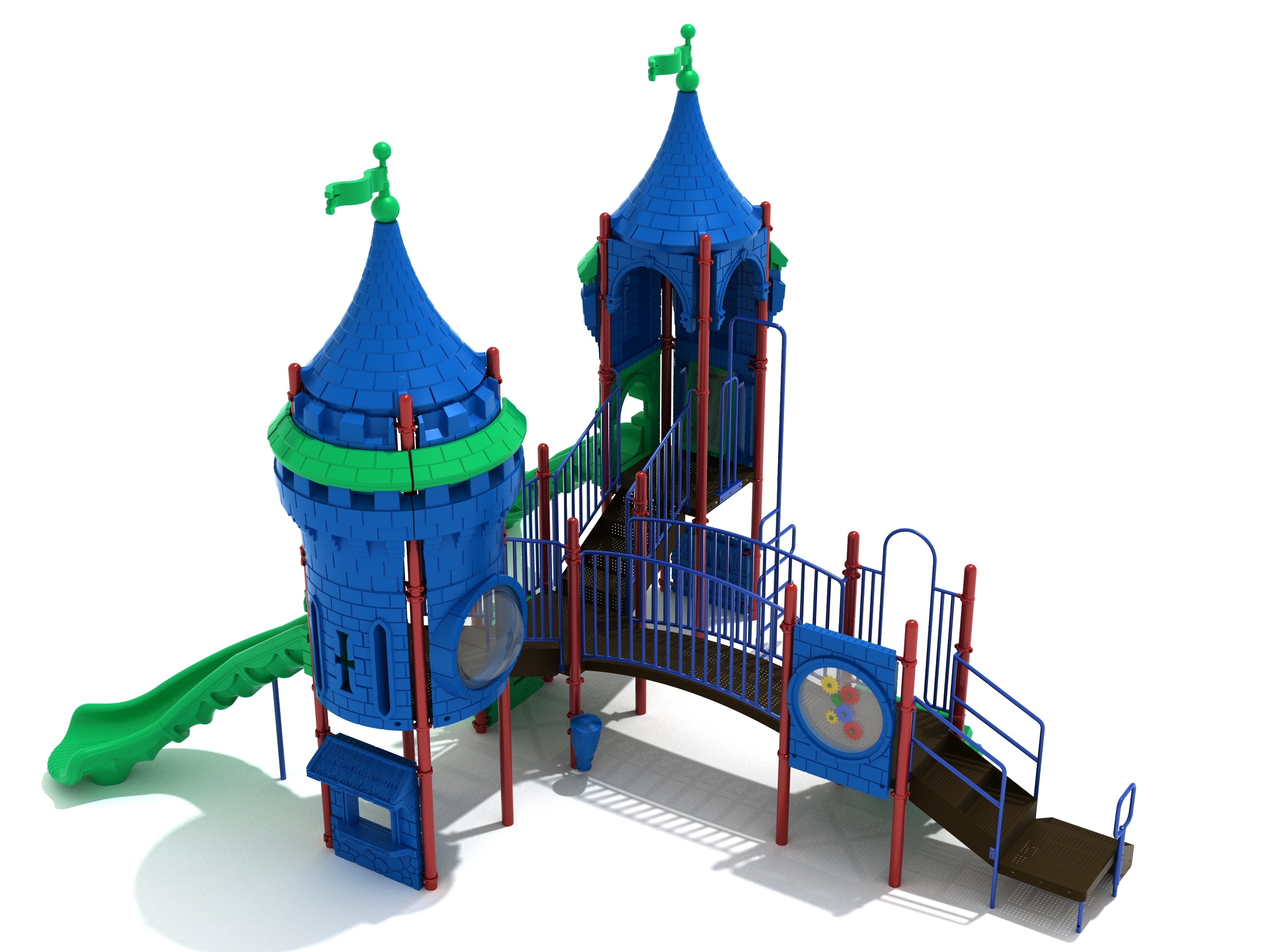 Blue and green castle-themed playground with towers, arch bridge, slides, climbers, and interactive play panels