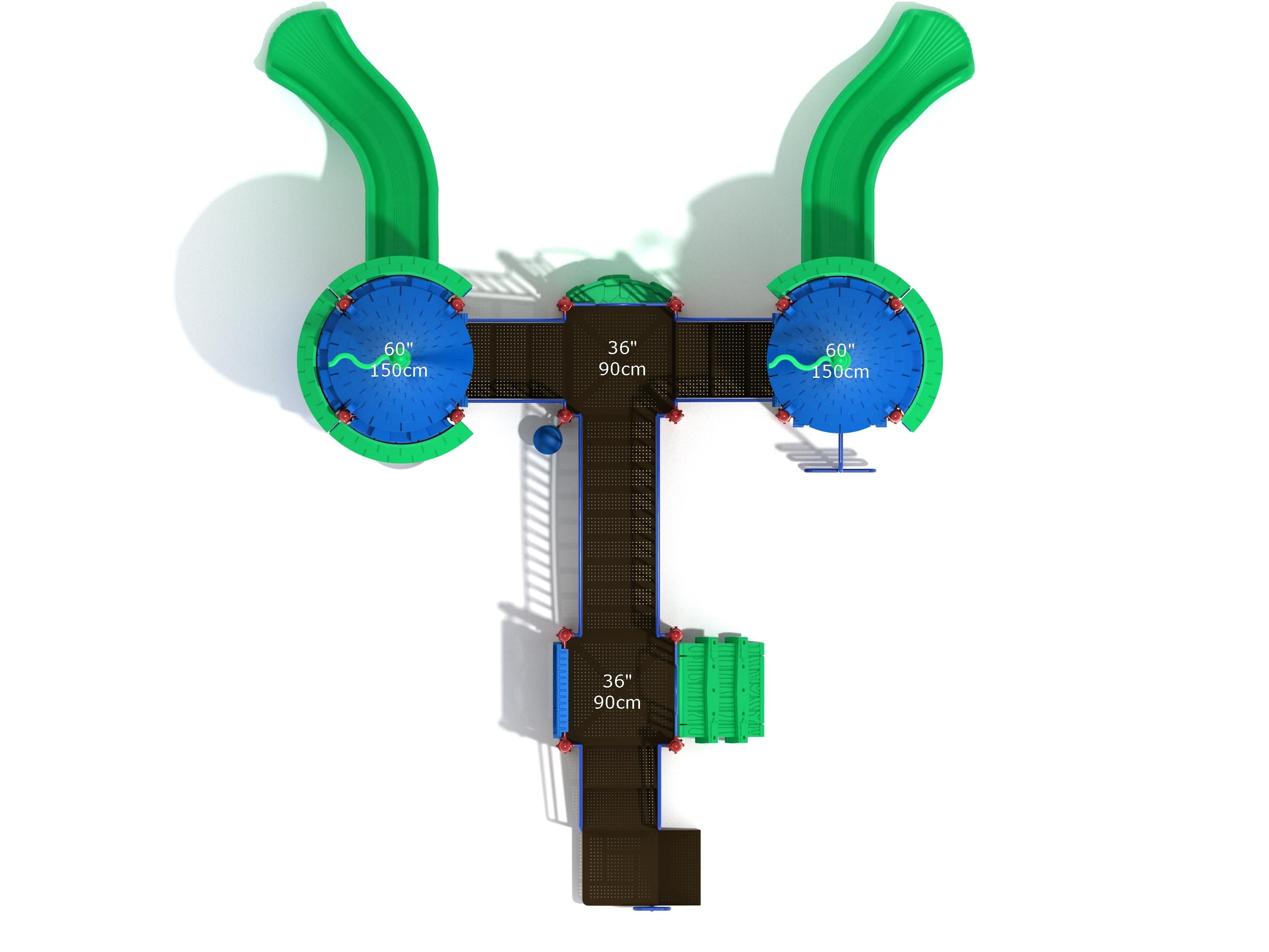 Overhead view of playground with two curved green slides, blue circular platforms, and brown connecting walkways in a castle-themed play structure