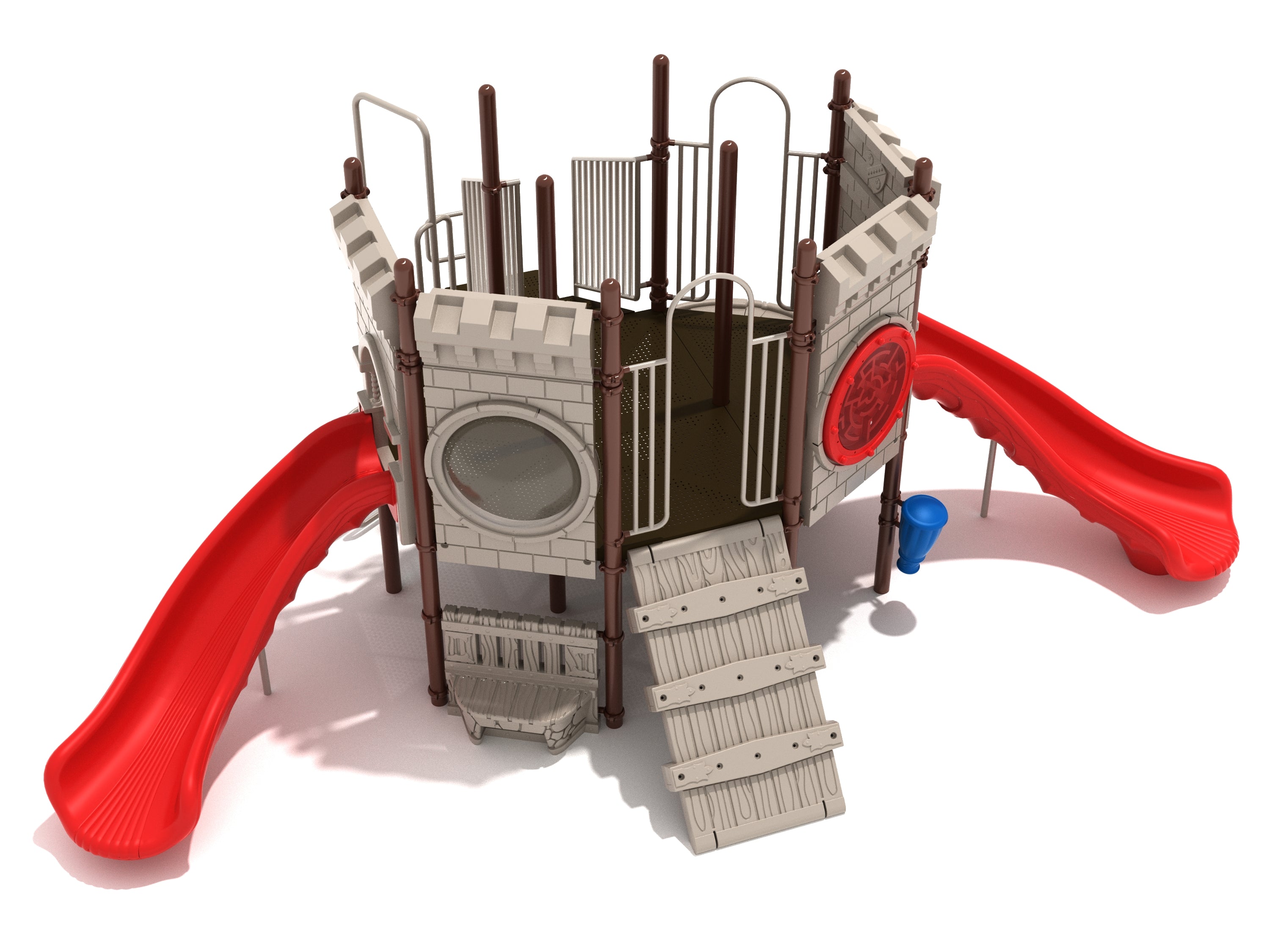 Castle-themed playground with two red slides, climbing ramp, interactive panels, and safety railings for active play and creativity