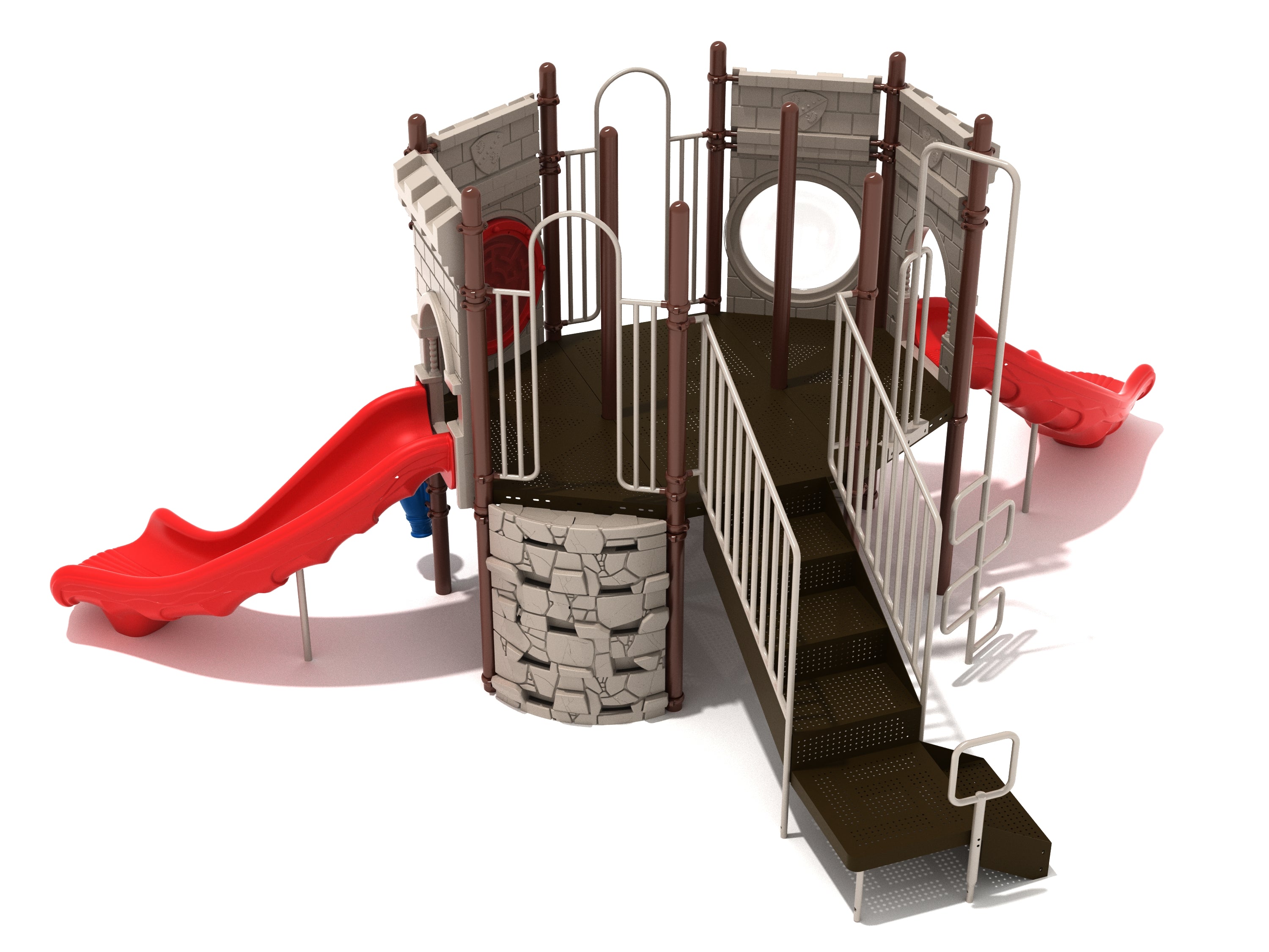 Castle-themed playground with red slides, climbing walls, stairs, and interactive play panels for imaginative outdoor play.