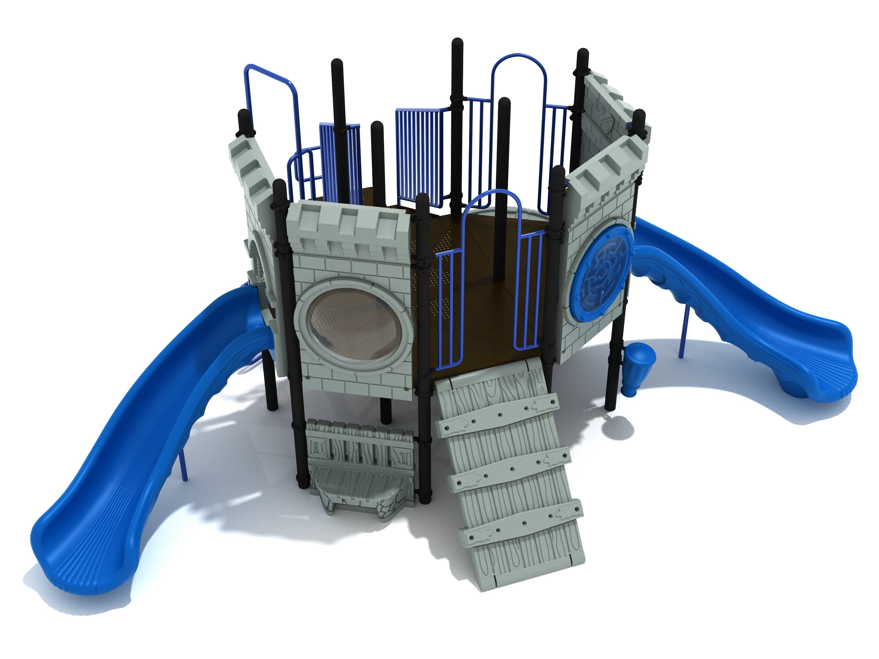 Belfry Bridge Playground with castle-themed gray panels, blue slides, climbing ramp, and interactive play features including bubble window, ball maze, and drum