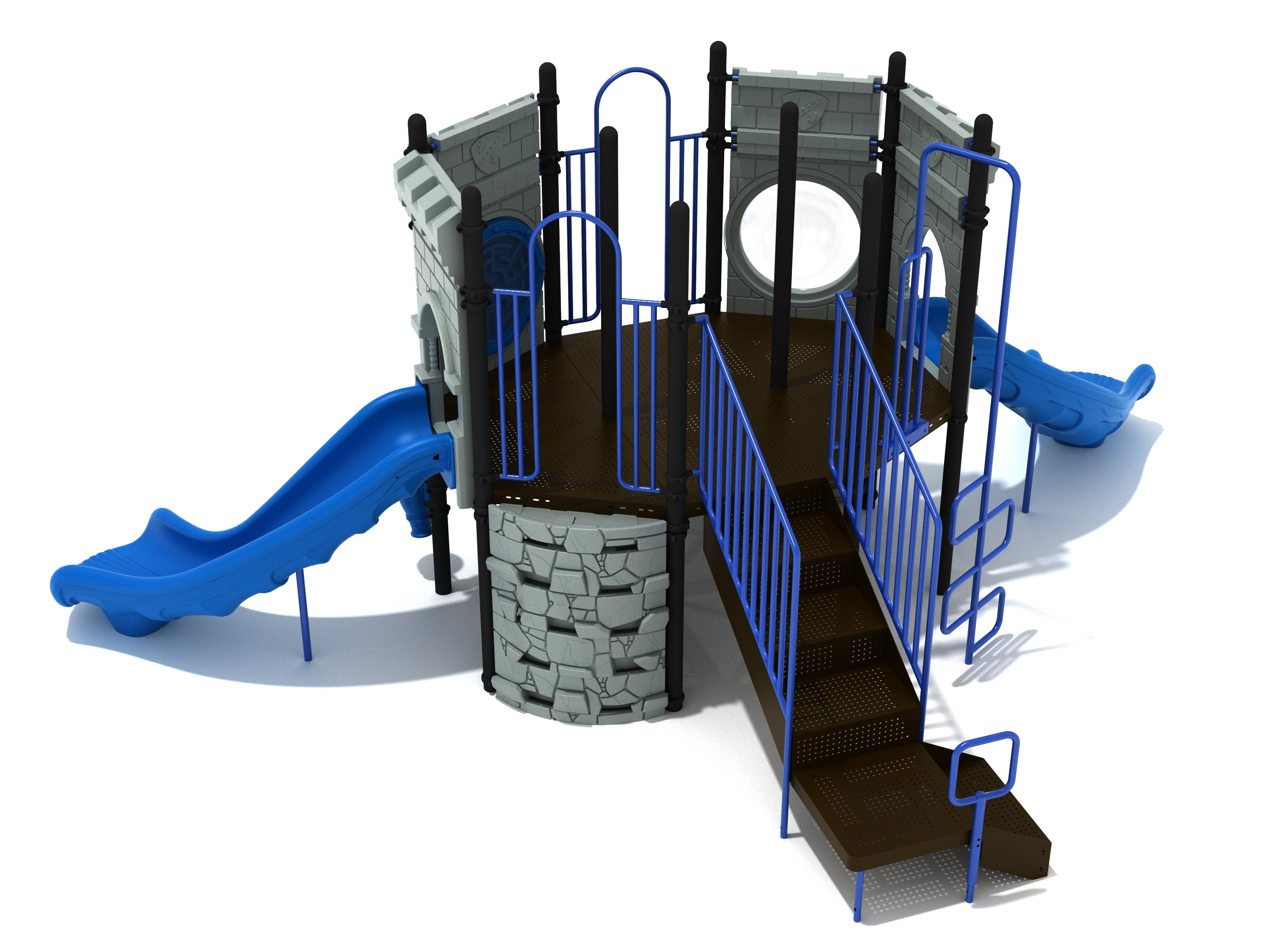 Castle-themed playground with blue slides, climbing walls, stairs, and interactive play panels including bubble window, ball maze, and drum