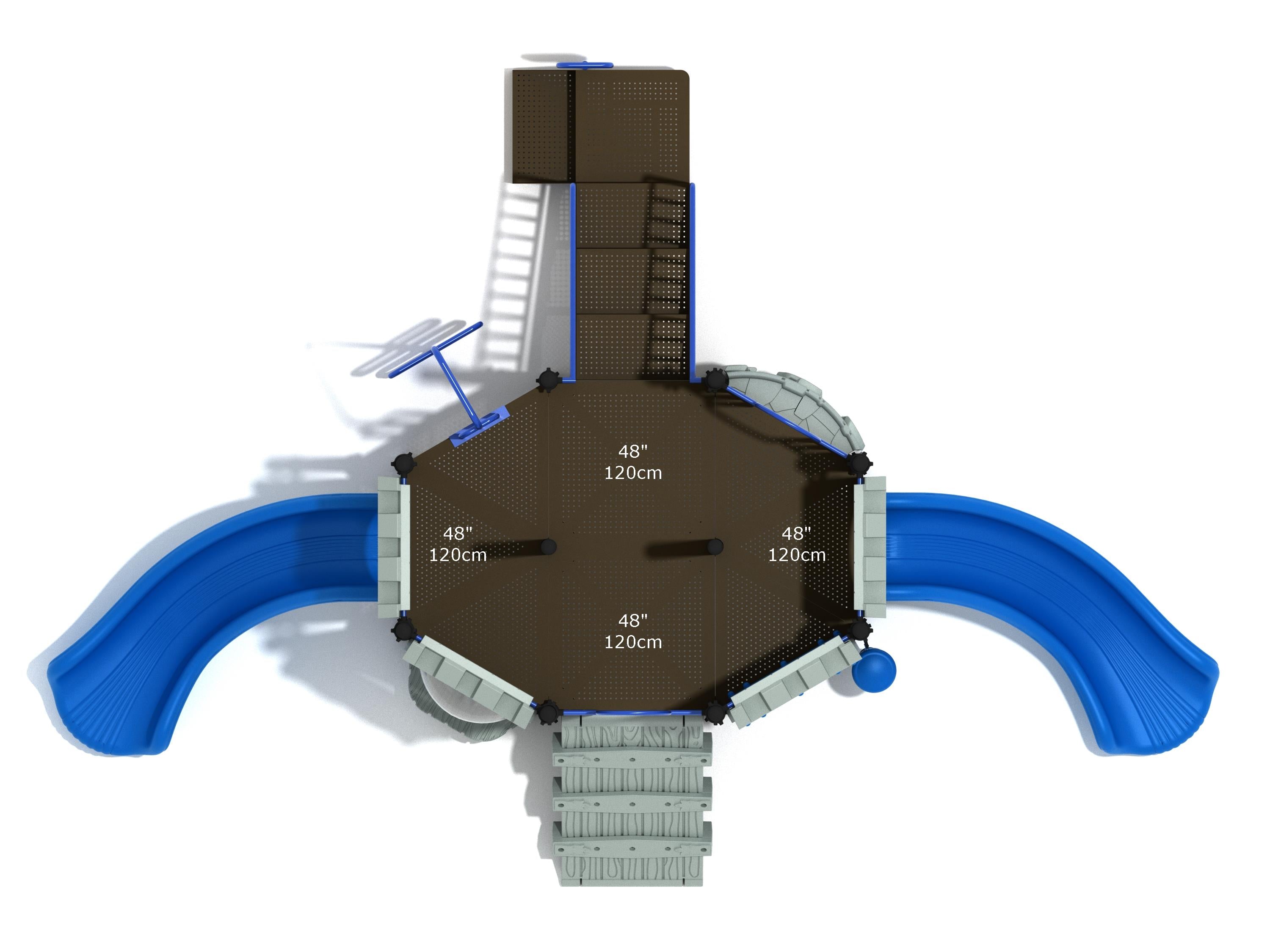 Overhead view of a castle-themed playground with two blue curved slides, climbing ladders, and interactive play panels