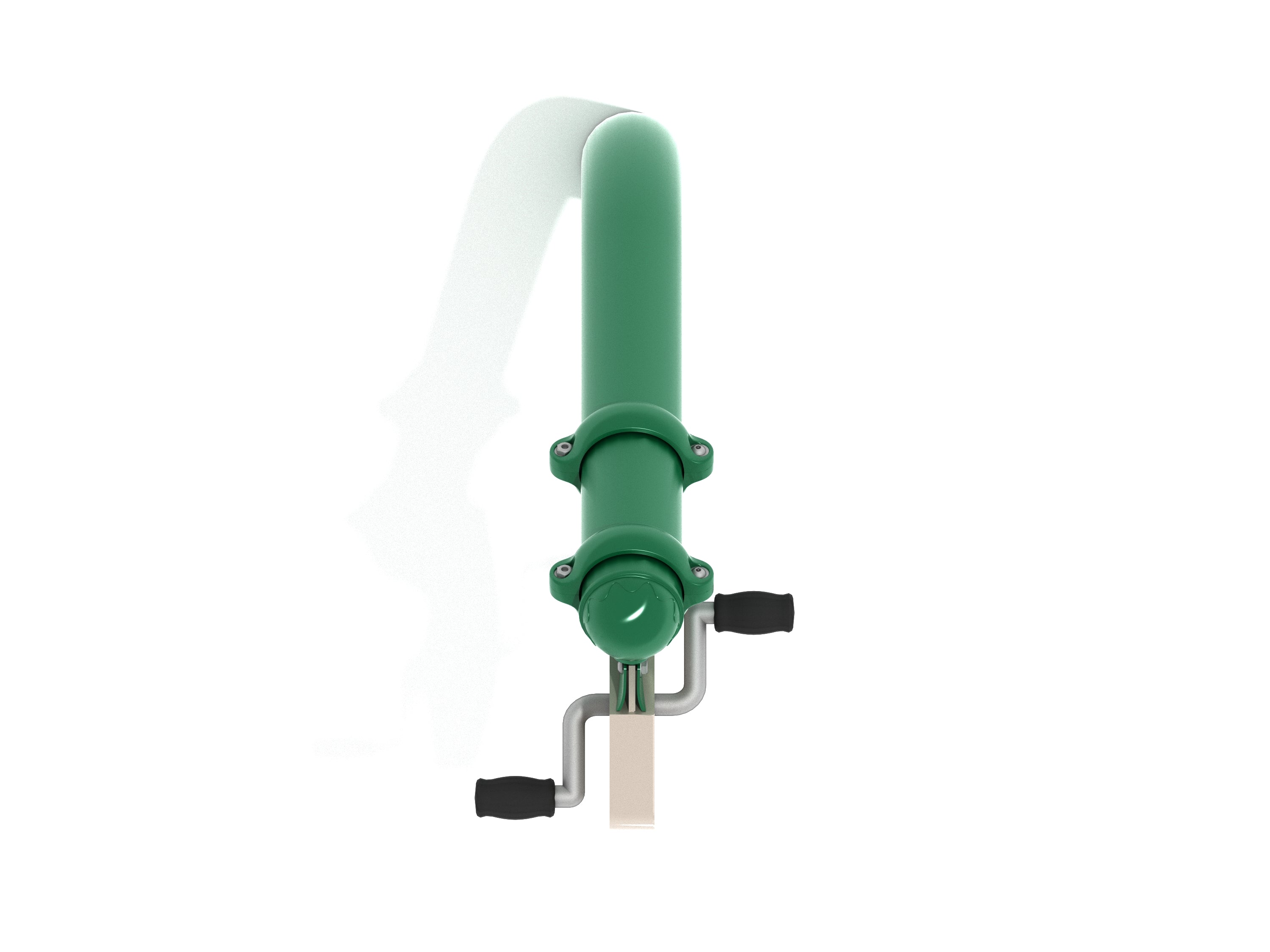 Overhead view of green outdoor hand bike with black grip pedals and adjustable resistance knob