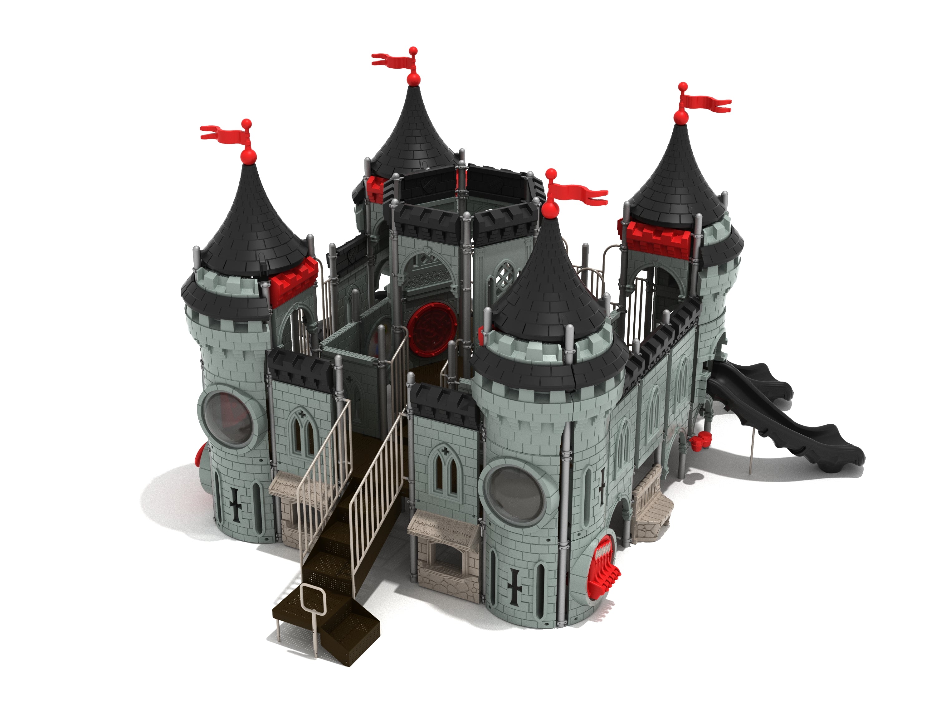 Castle Grey Maw Playground with fortress-themed towers, red flags, climbing stairs, and black slides for active imaginative play