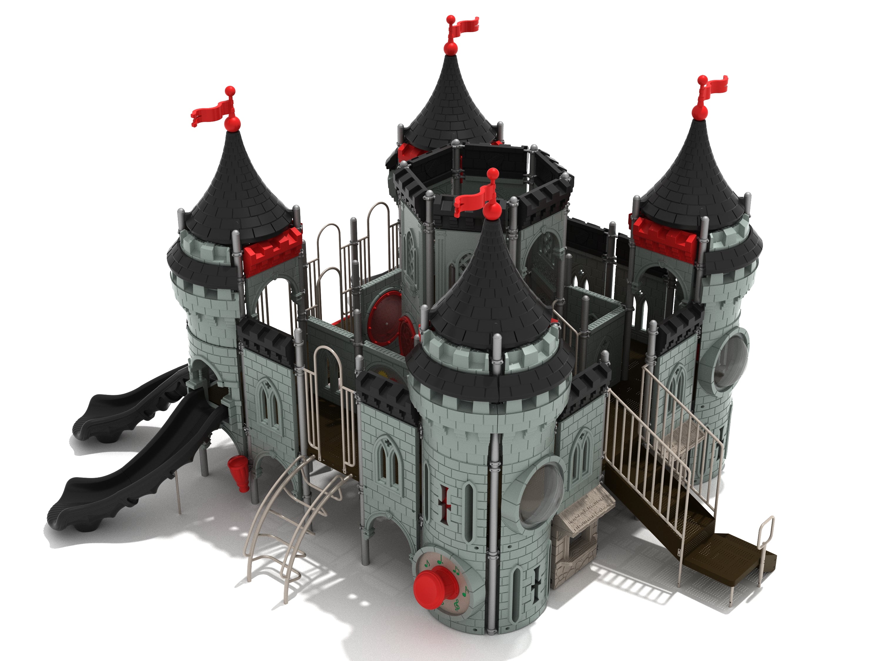 Fortress-themed playground with grey castle walls, black turrets with red flags, slides, climbers, and interactive activity panels.