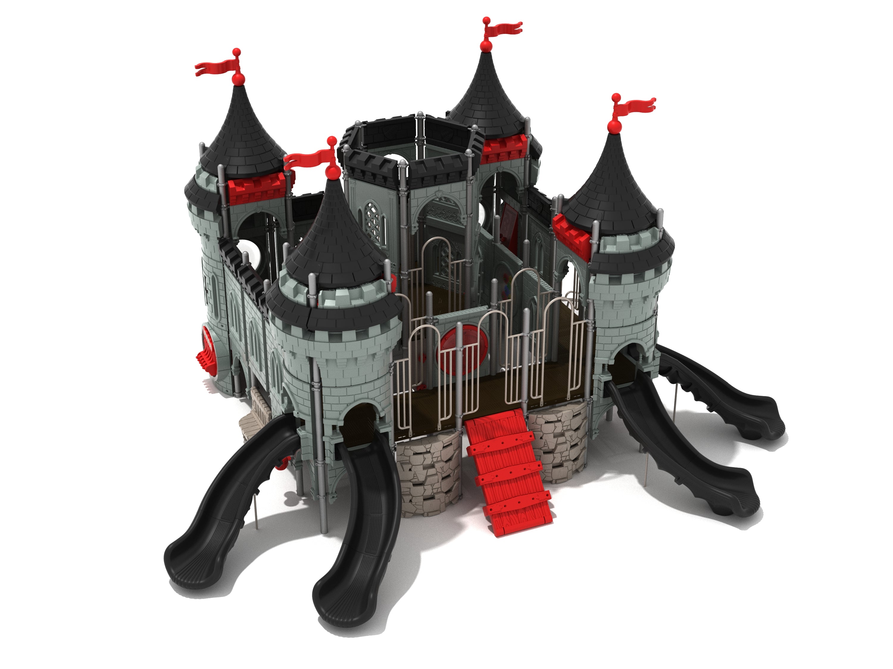 Fortress-themed playground with grey castle walls, black turrets topped with red flags, red drawbridge climber, and multiple black slides