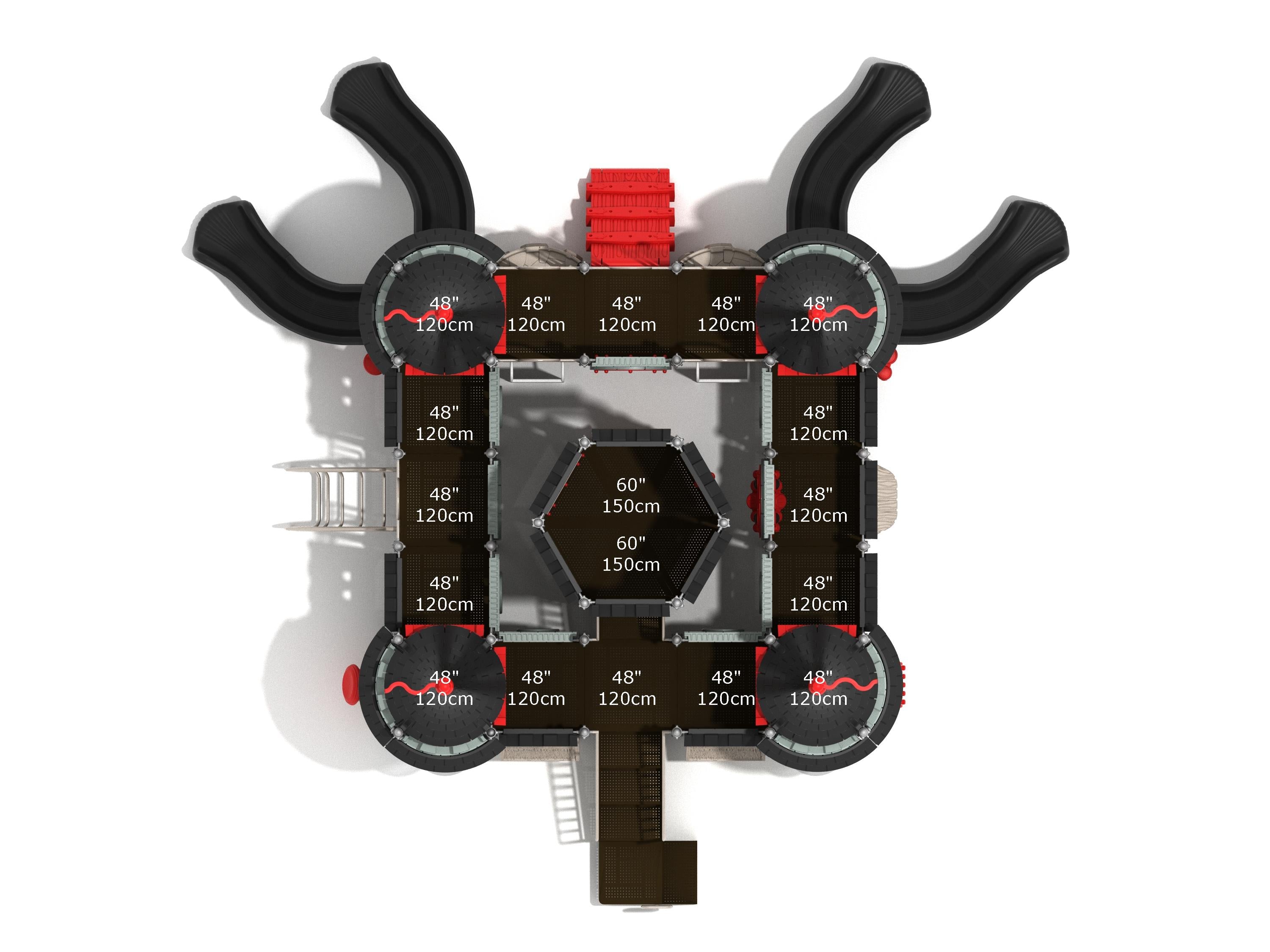 Overhead view of fortress-themed playground with four towers, multiple slides, climbers, and connecting platforms