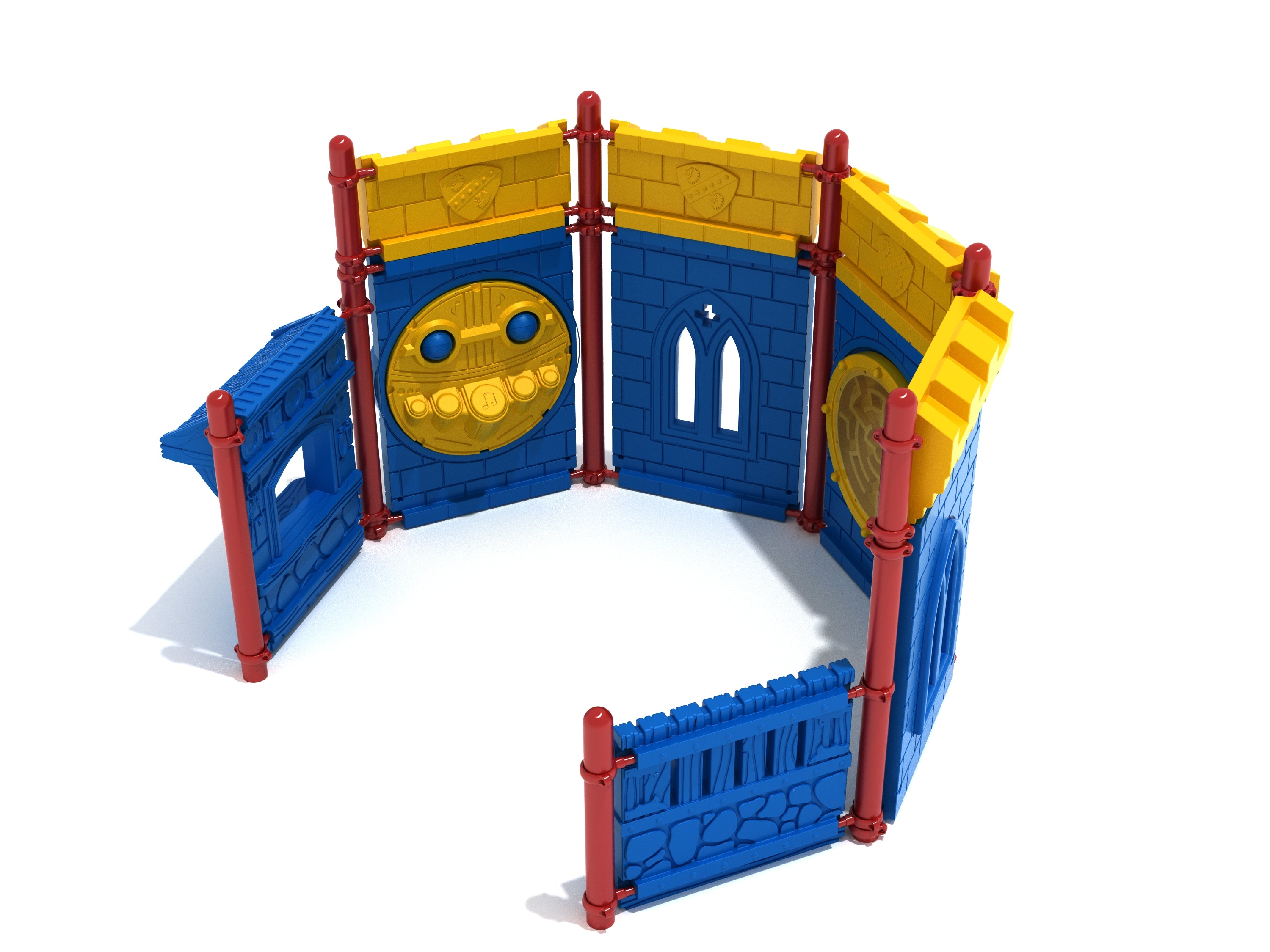 Alchemist Bunker Playground with blue and yellow castle-themed panels, red posts, and interactive activity elements for early childhood play
