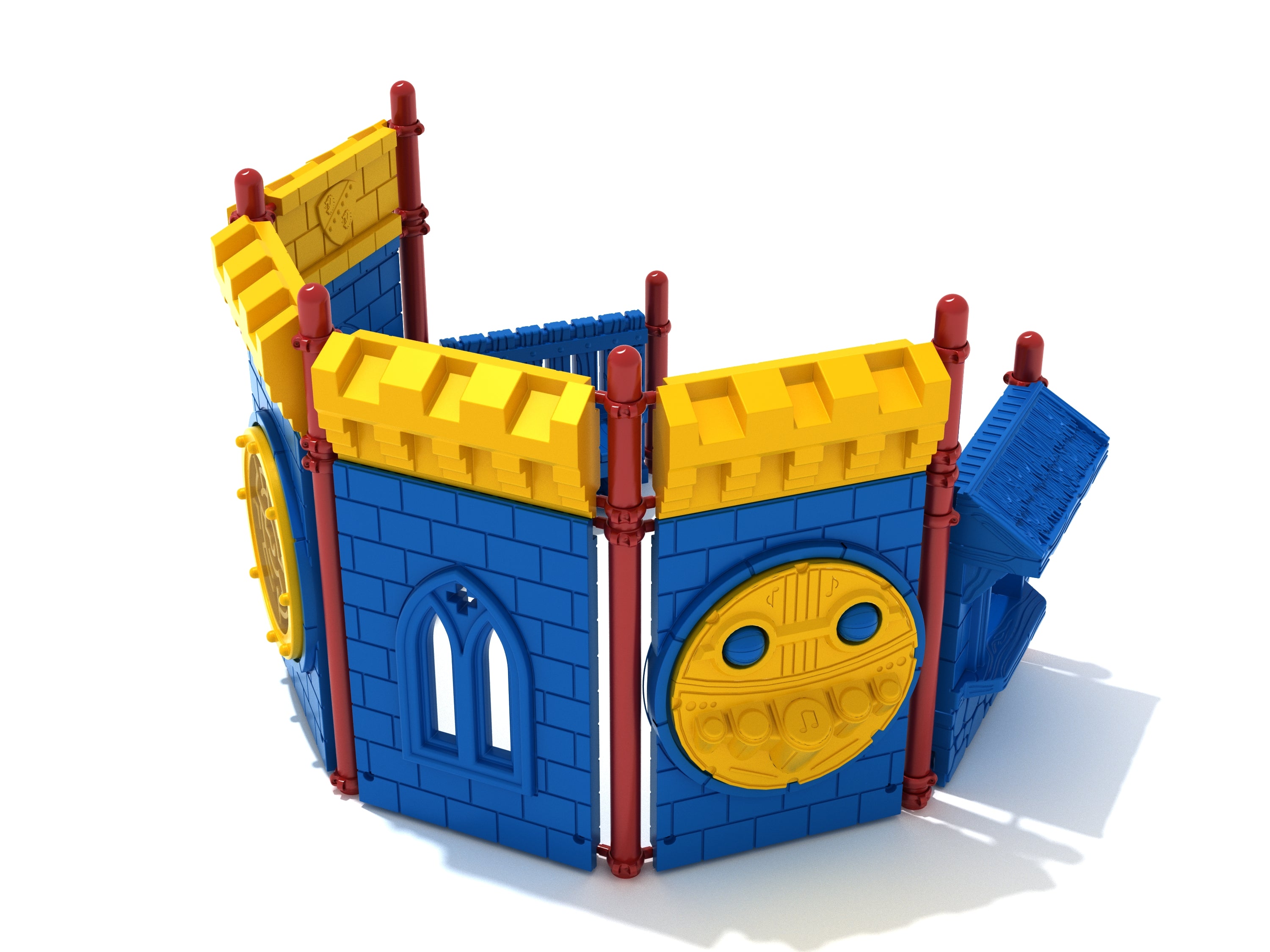 Blue and yellow castle-themed playground with ball maze and percussion activity panels for early childhood play and development