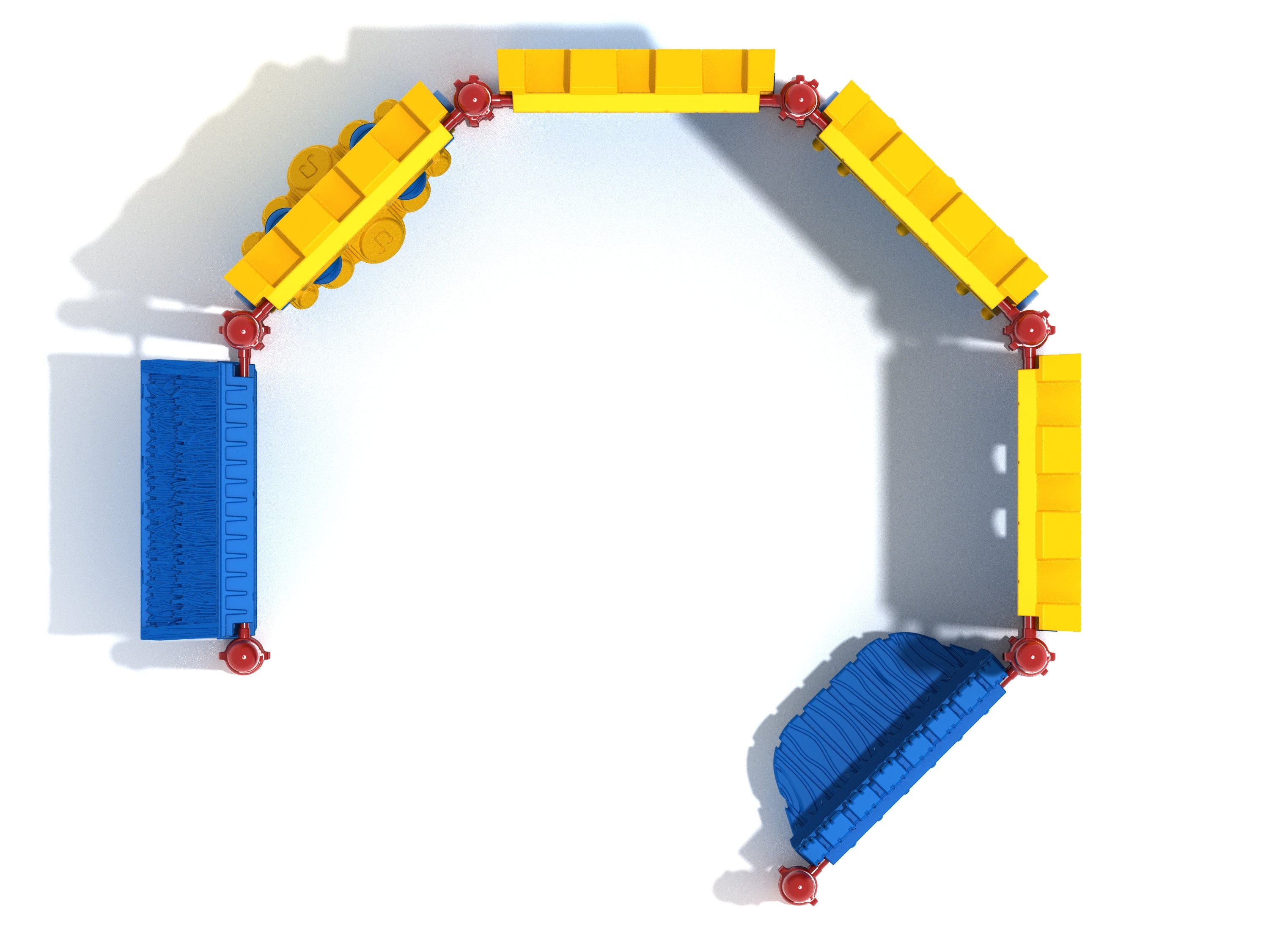 Overhead view of castle-themed playground with yellow barriers, blue activity panels, and red posts arranged in a semi-circle
