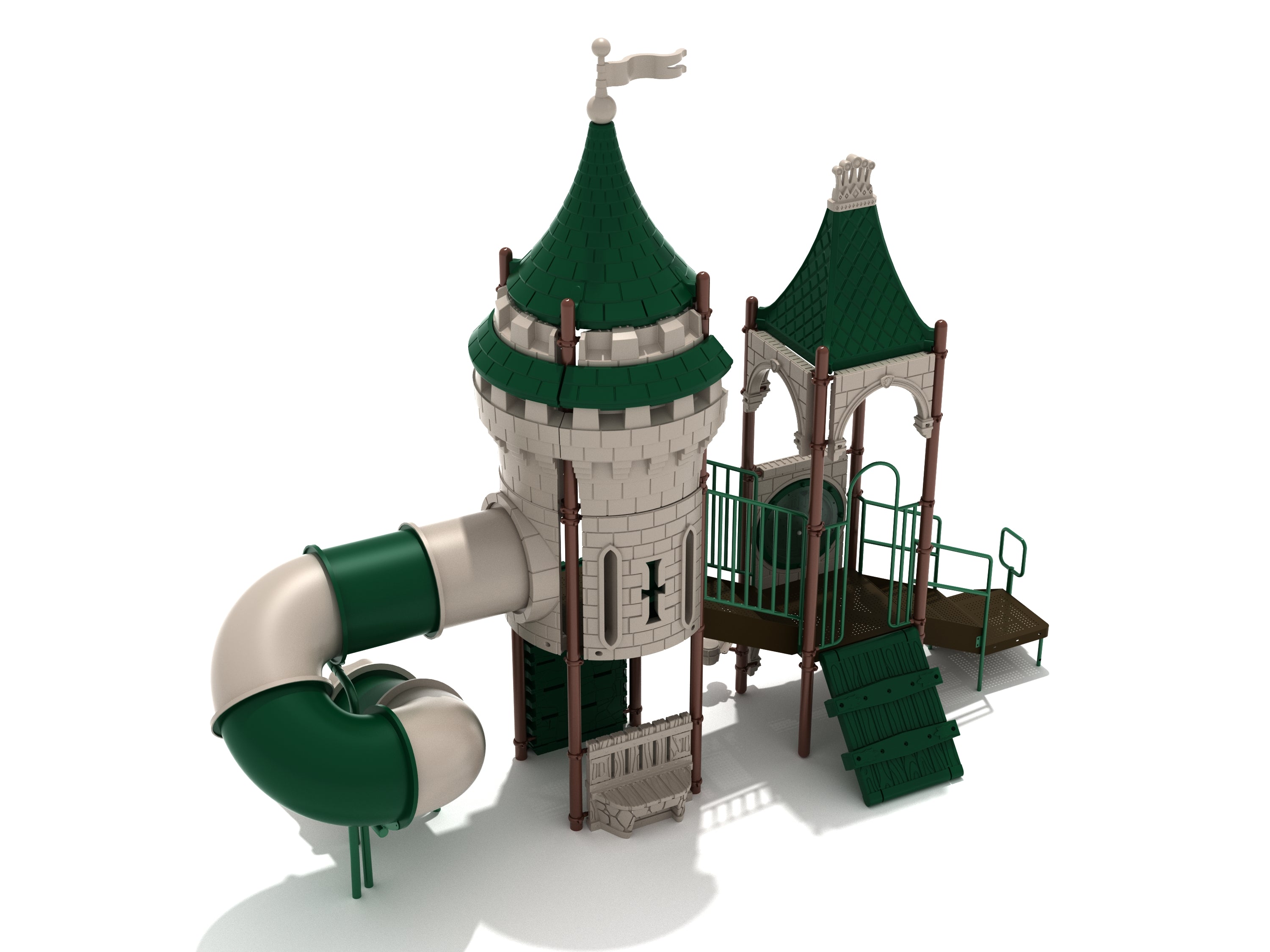 Castle-themed playground with green peaked roofs, spiral tube slide, climbing ramp, and interactive activity panels.