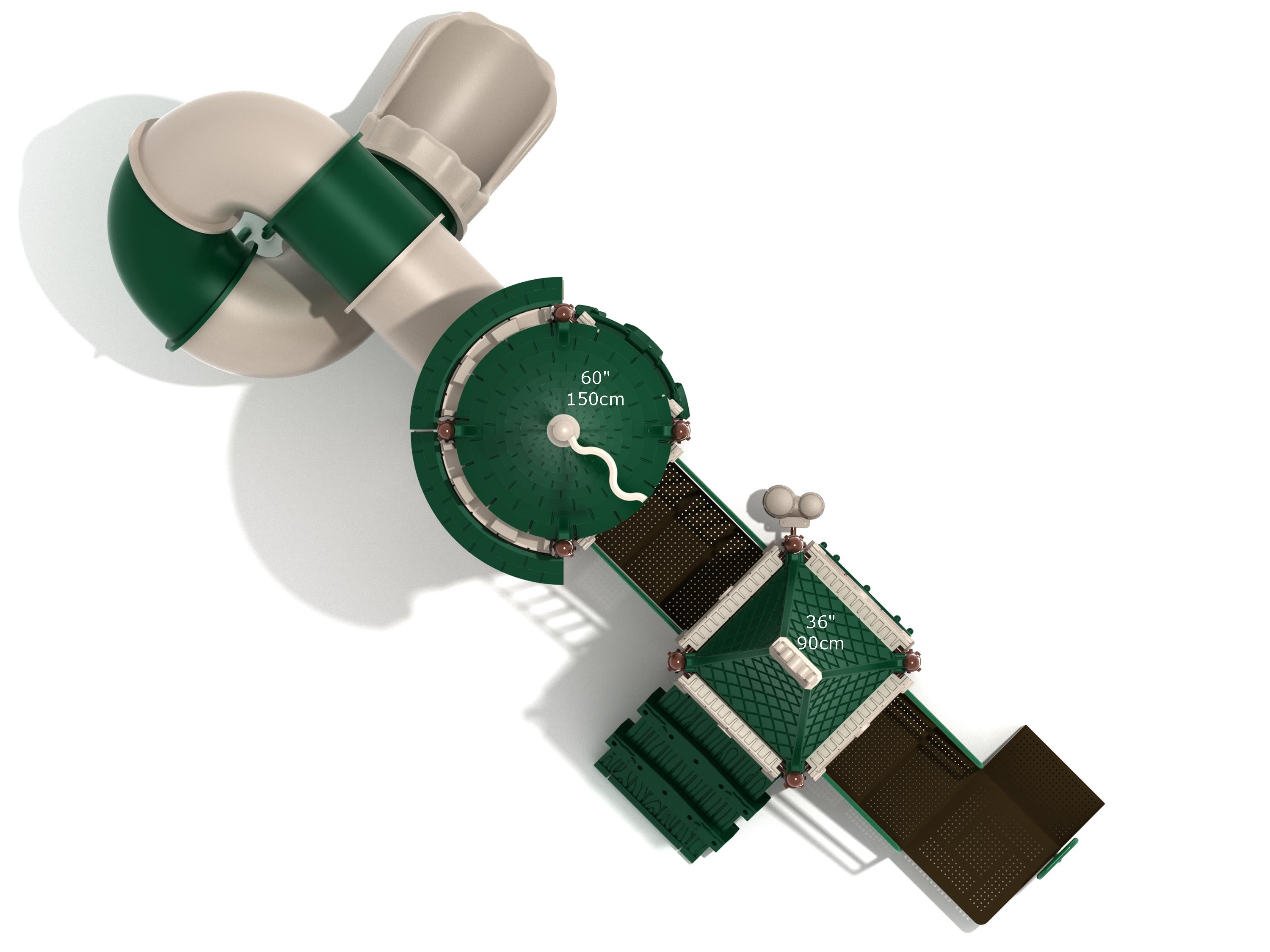 Overhead view of a green and beige castle-themed playground with spiral tube slide, climbers, and interactive activity panels