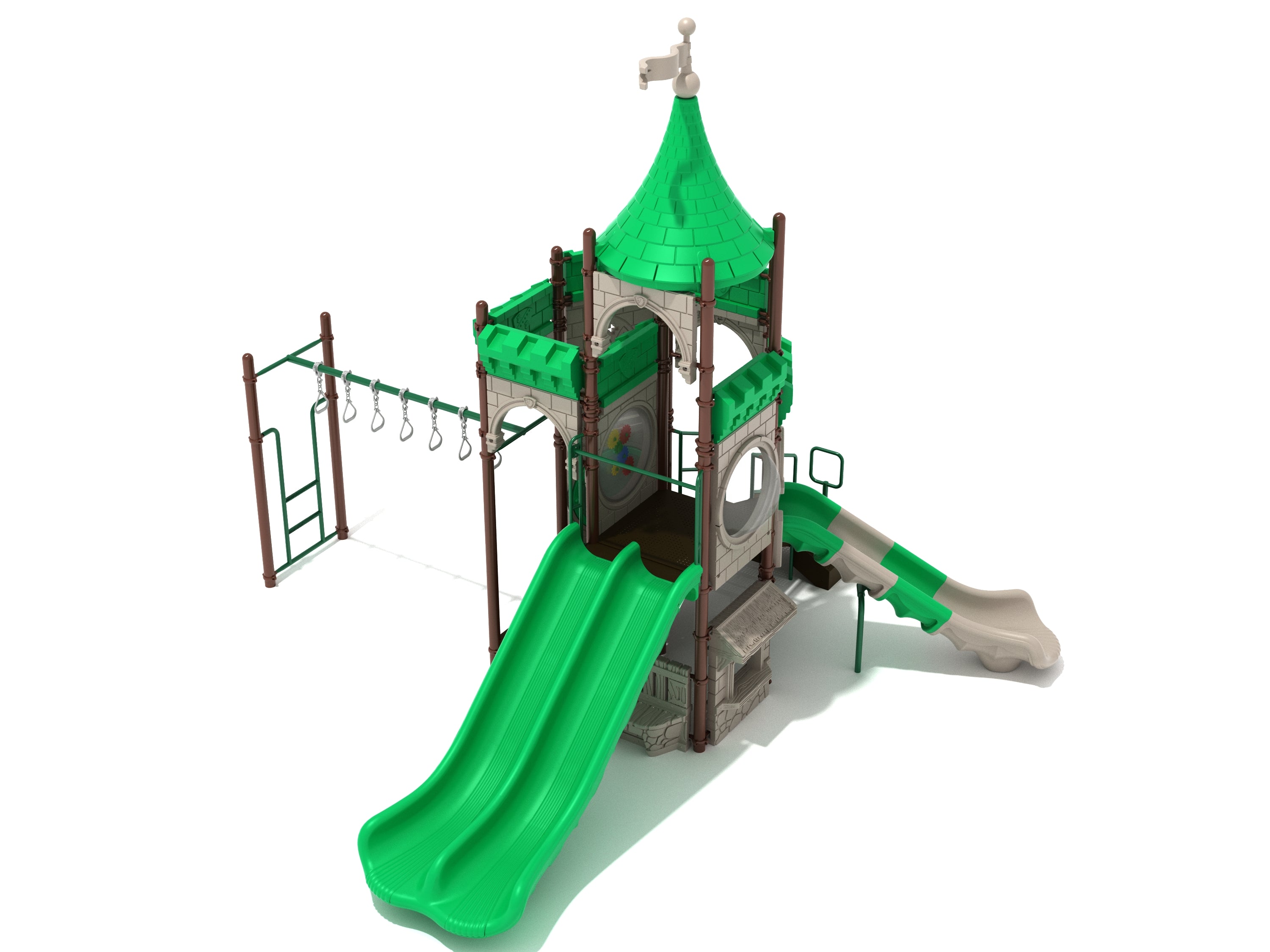 Baron's Bounty Playground castle-themed play system with green double slide, curved slide, climbing rings, and interactive panels