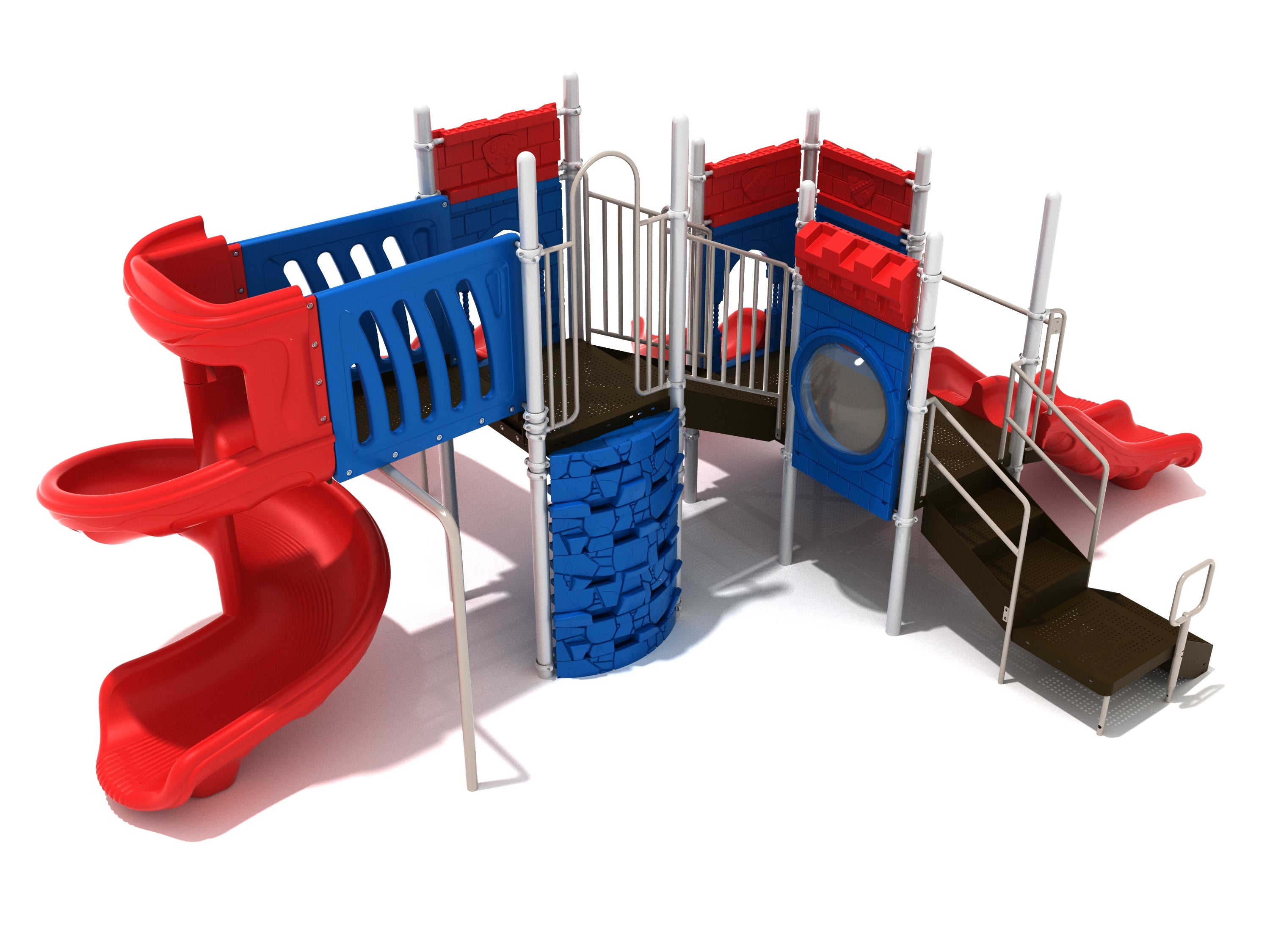 Castle-themed playground with red slides, blue climbing wall, and colorful interactive play panels for active, imaginative play