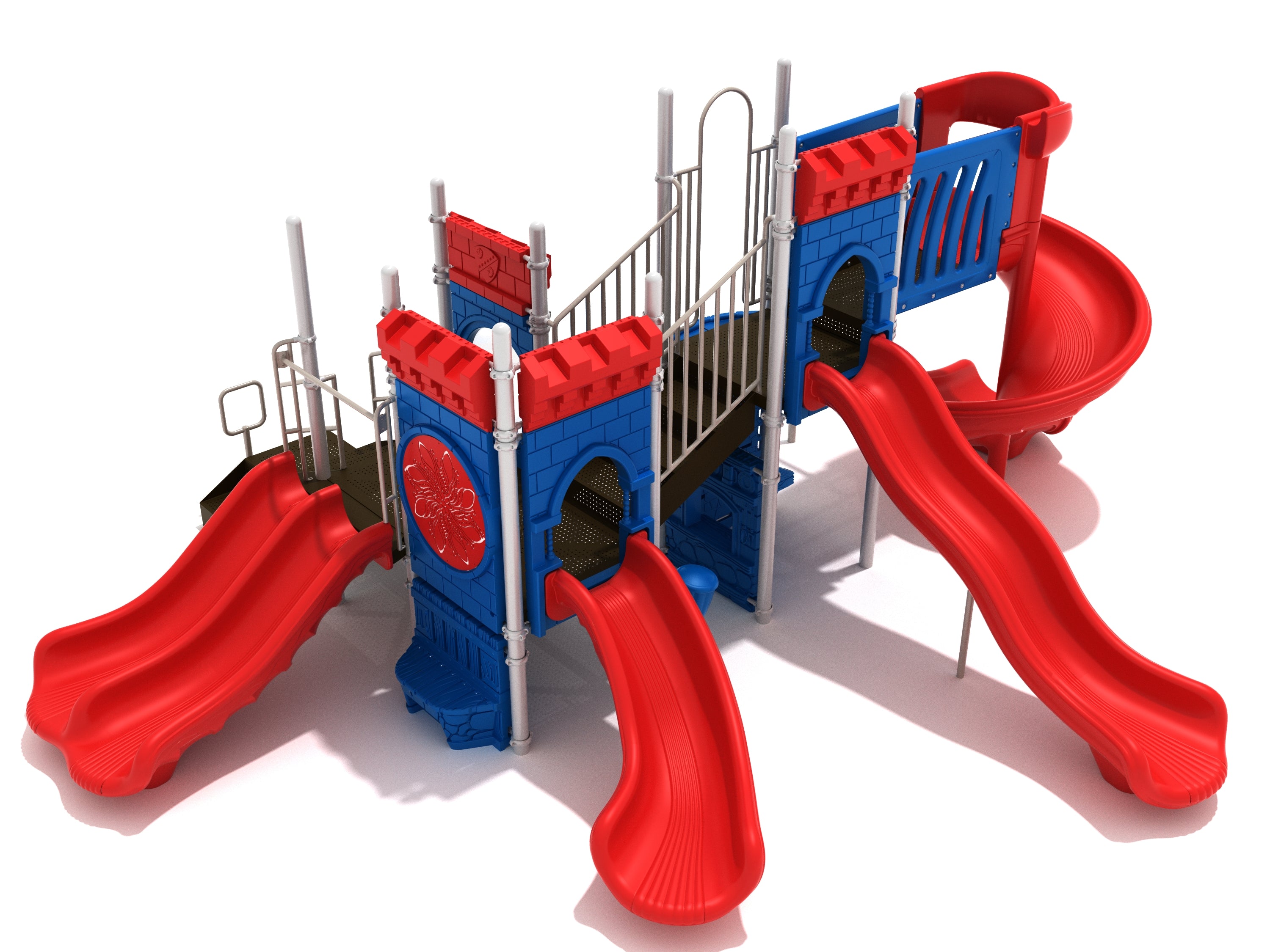 Merlin's Magic Playground castle-themed play structure with vibrant blue and red slides, climbing panels, and interactive play features
