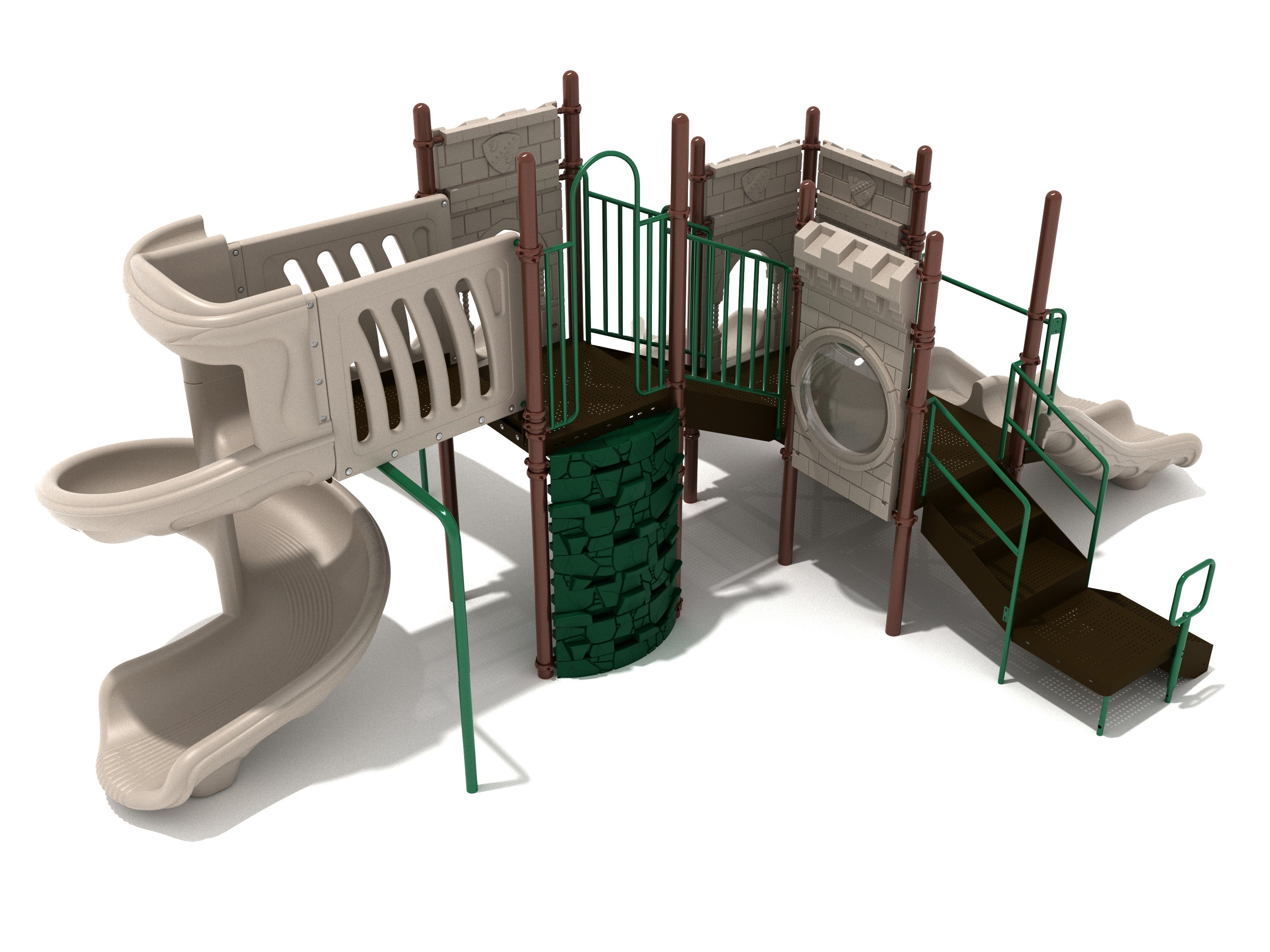 Castle-themed commercial playground with spiral and straight slides, rock climbing wall, bubble panel, and green safety railings.