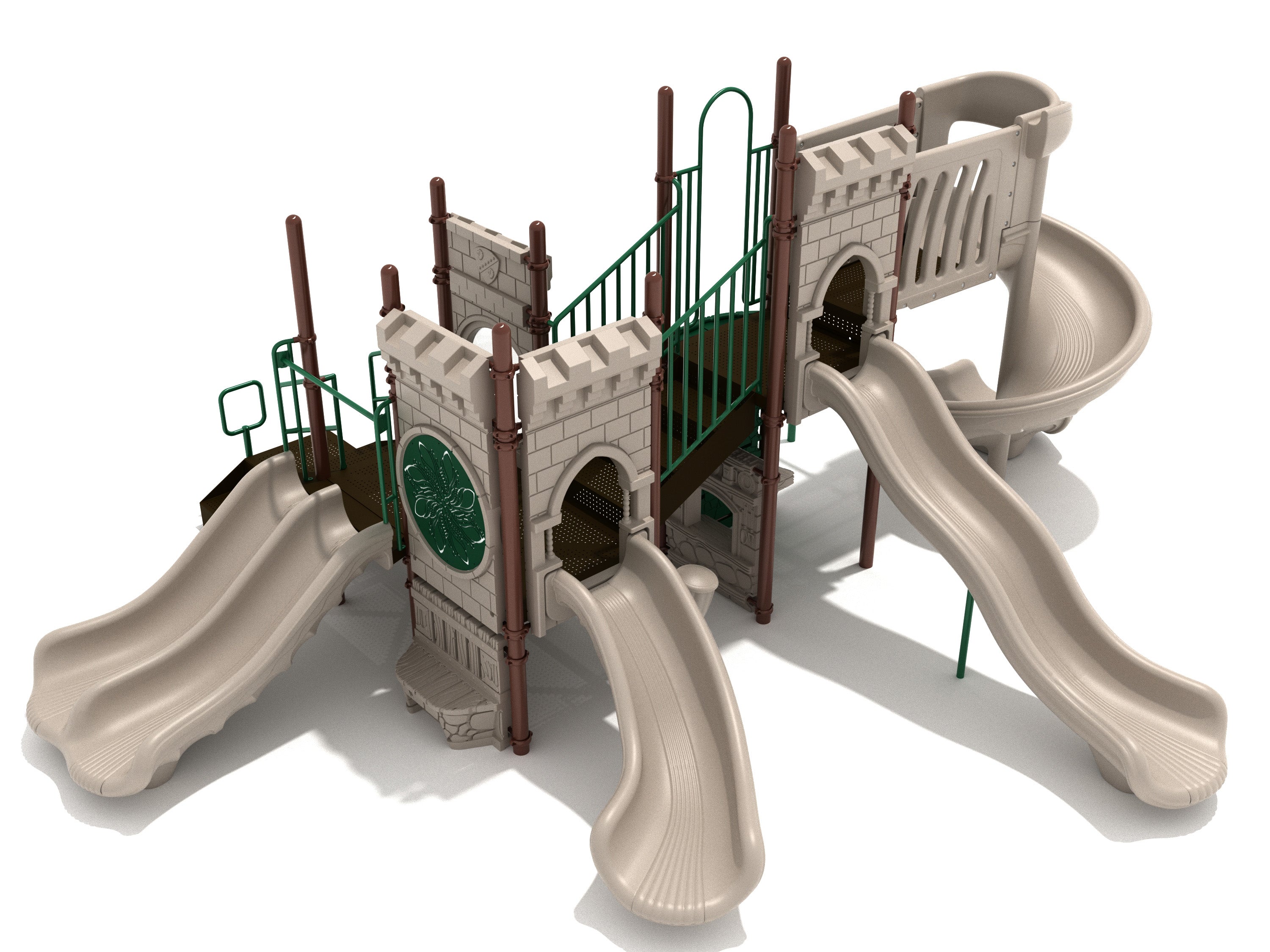Castle-themed playground with beige slides, green railings, and interactive decorative panels for imaginative play.