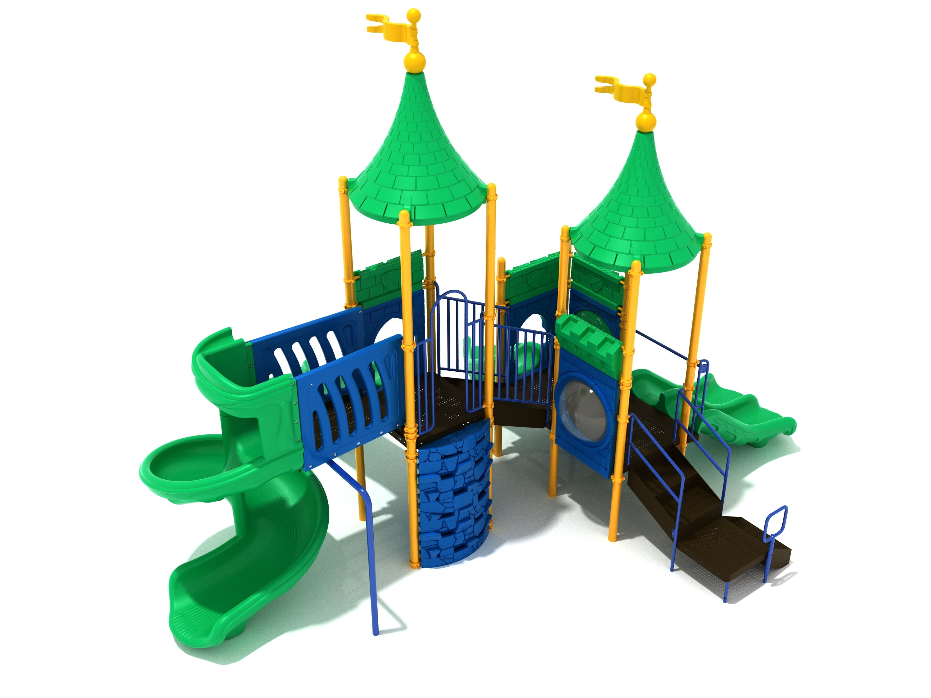 Castle-themed playground with green spiral slide, wavy slides, blue climbing wall, and yellow flag-topped towers