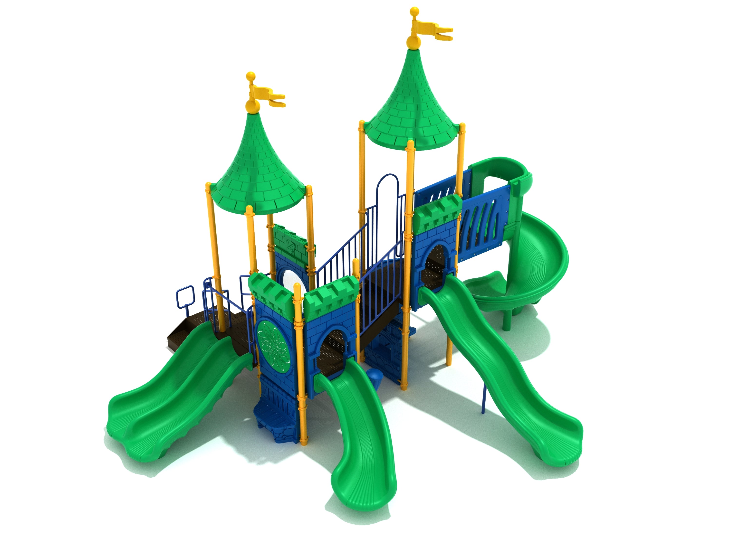 Friar's Fealty Playground with castle-themed blue and green structure, multiple slides, turrets, and play panels for imaginative play