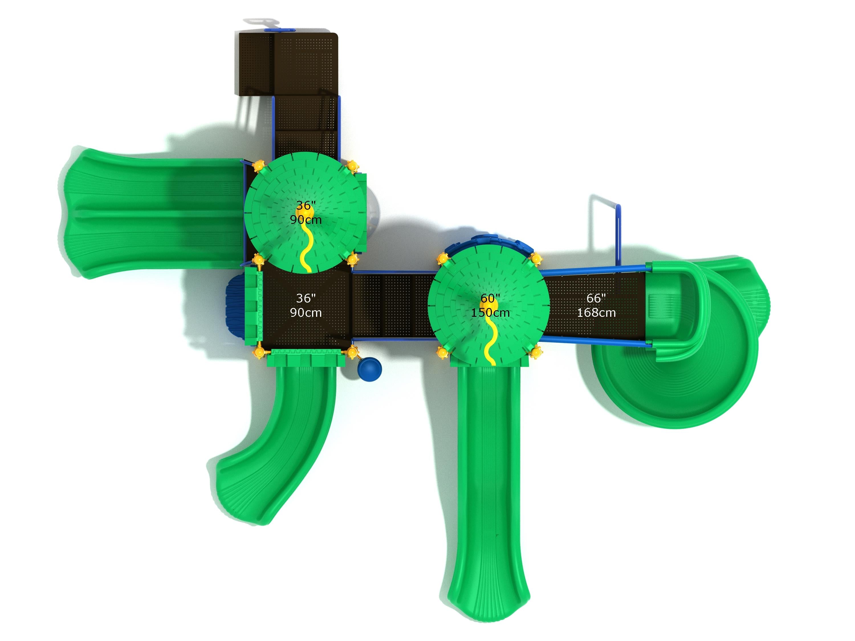 Overhead view of a large green and blue castle-themed playground with multiple slides, climbing platforms, and play panels
