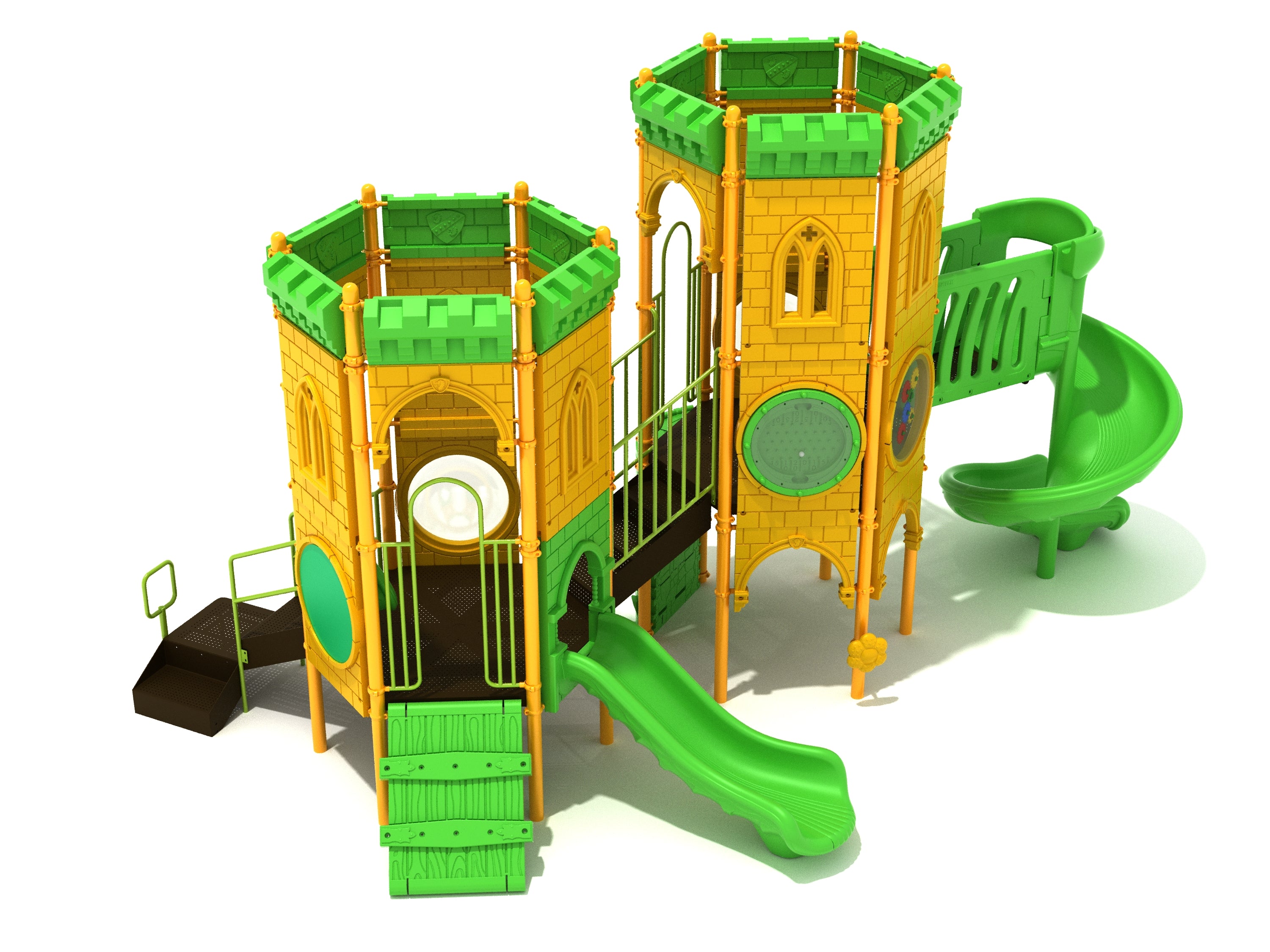 Fort Arthur Playground with green and yellow castle towers, bridge climber, straight and spiral slides, and interactive play panels