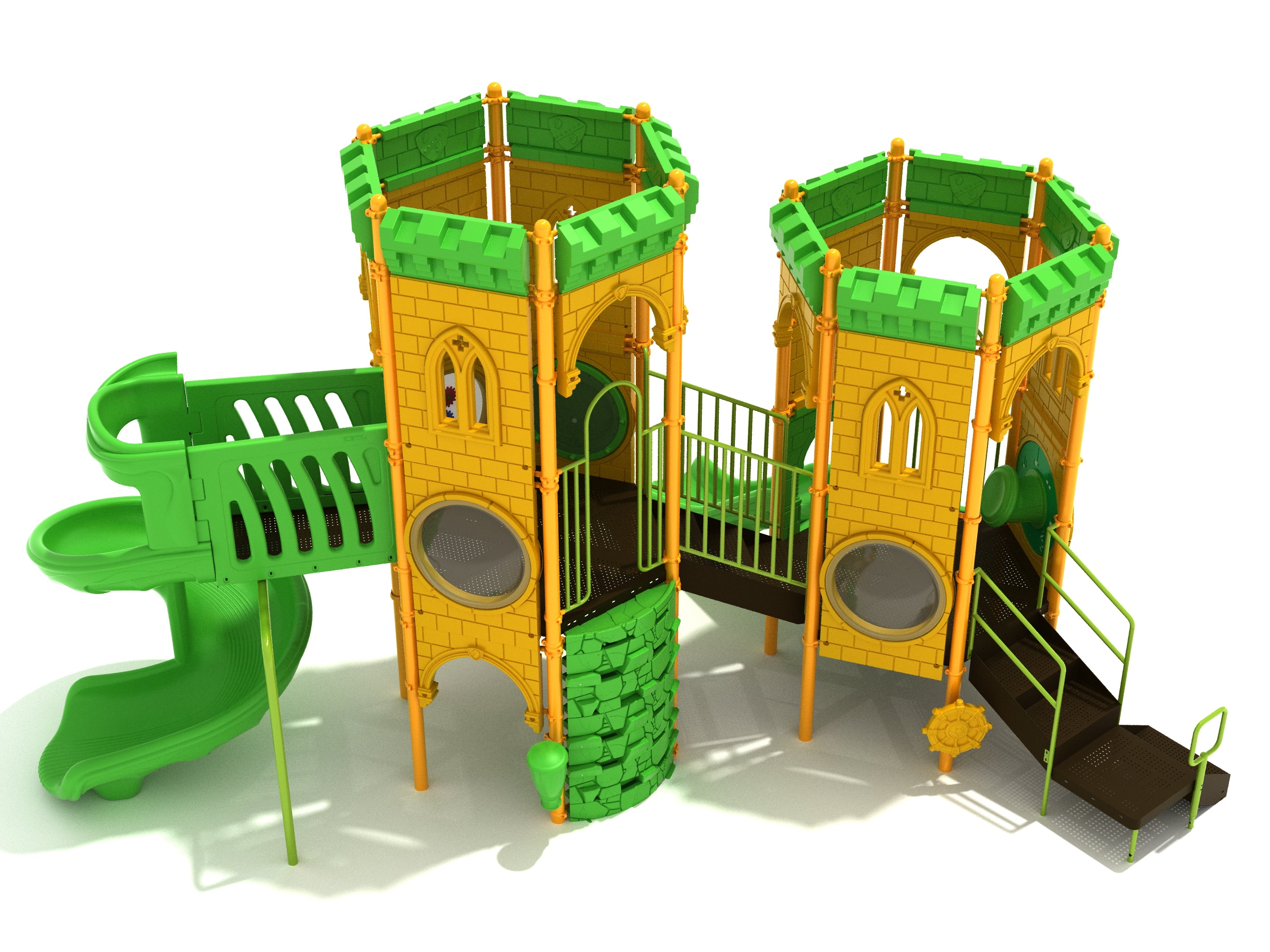 Castle-themed playground with green spiral slide, rock climbing wall, drawbridge climber, and interactive play panels