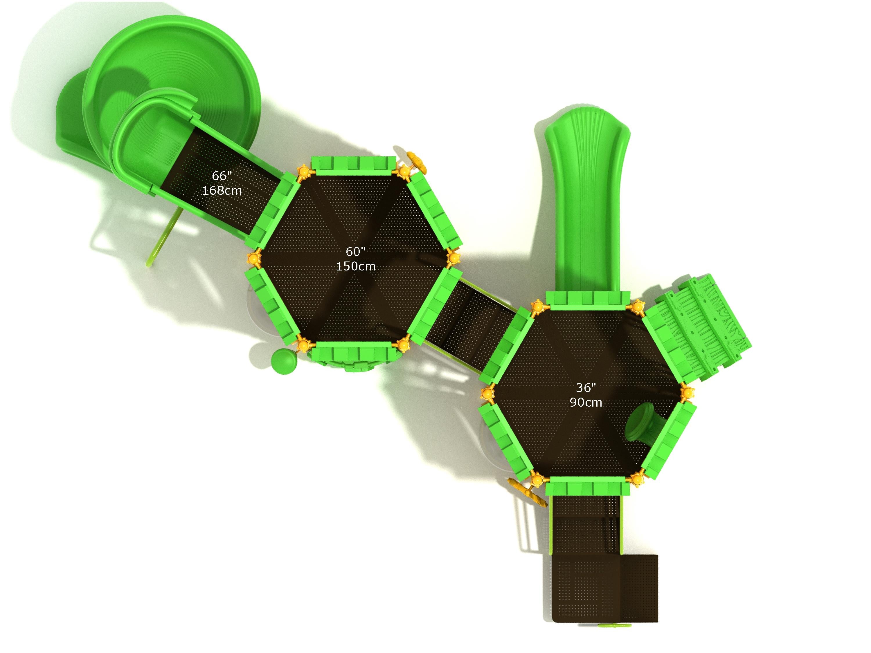 Overhead view of green and brown castle-themed playground with hexagonal platforms, slides, climbing elements, and interactive panels