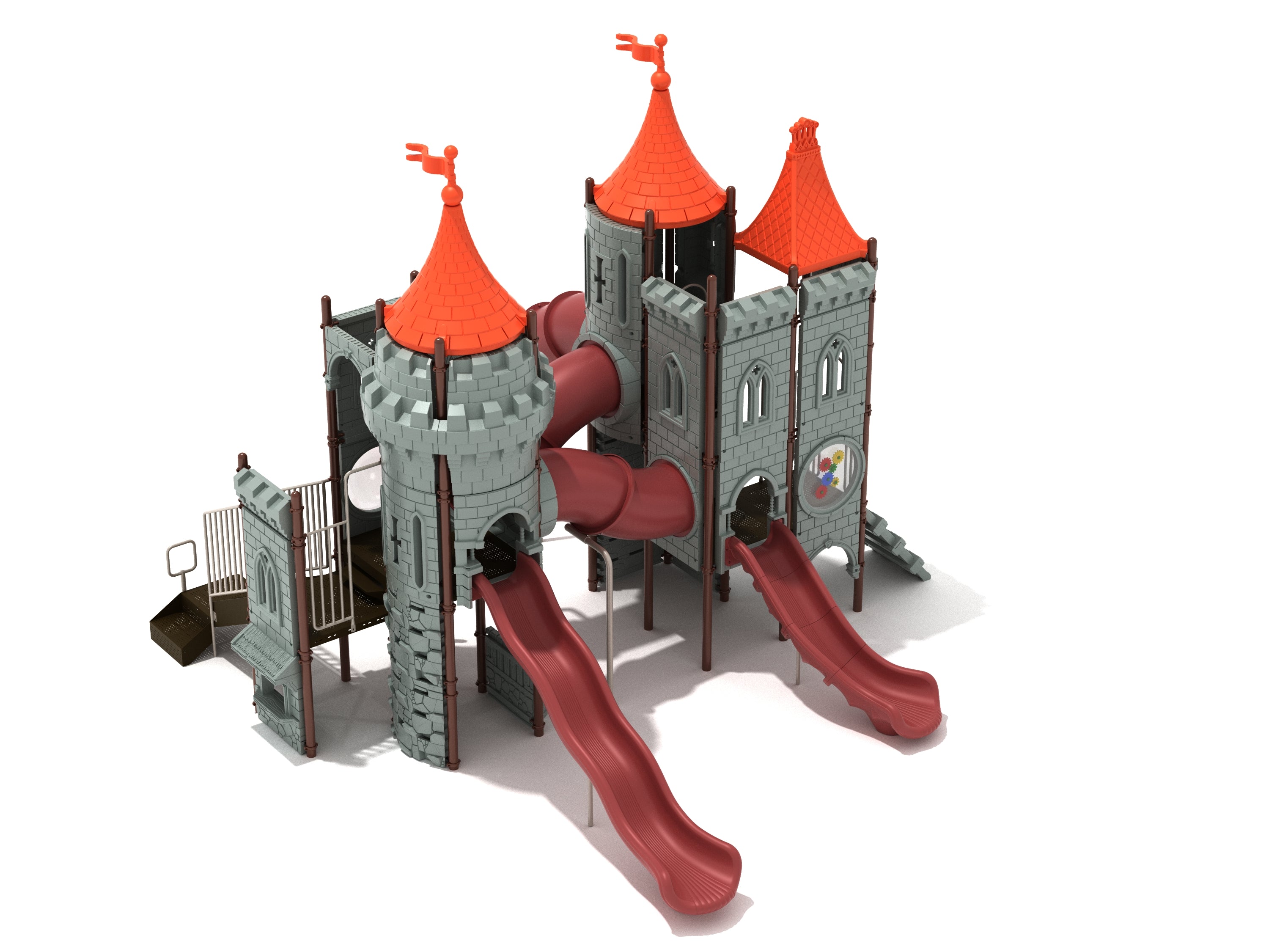 Lords of the Edge Playground with castle-themed towers, red curvy and tube slides, tube climbers, and interactive play panels including pinball and gears