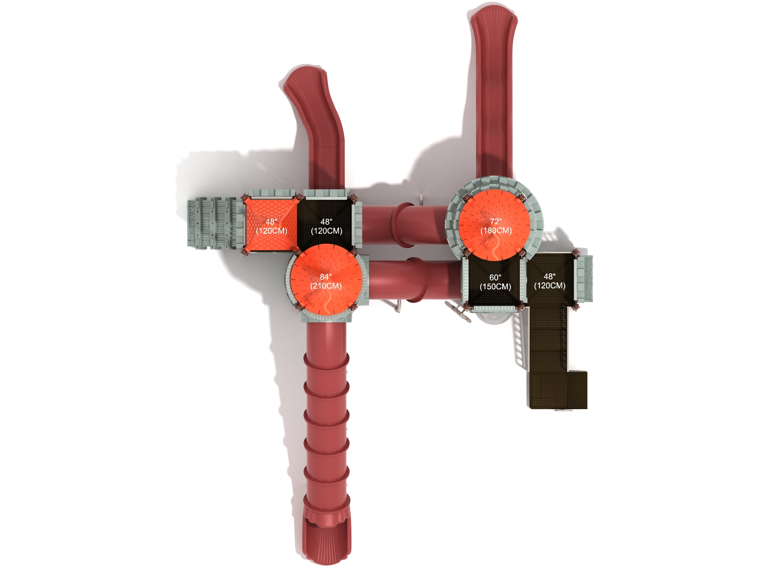 Overhead view of a large red and gray castle-themed playground with turreted platforms, multiple slides, and interactive play panels.