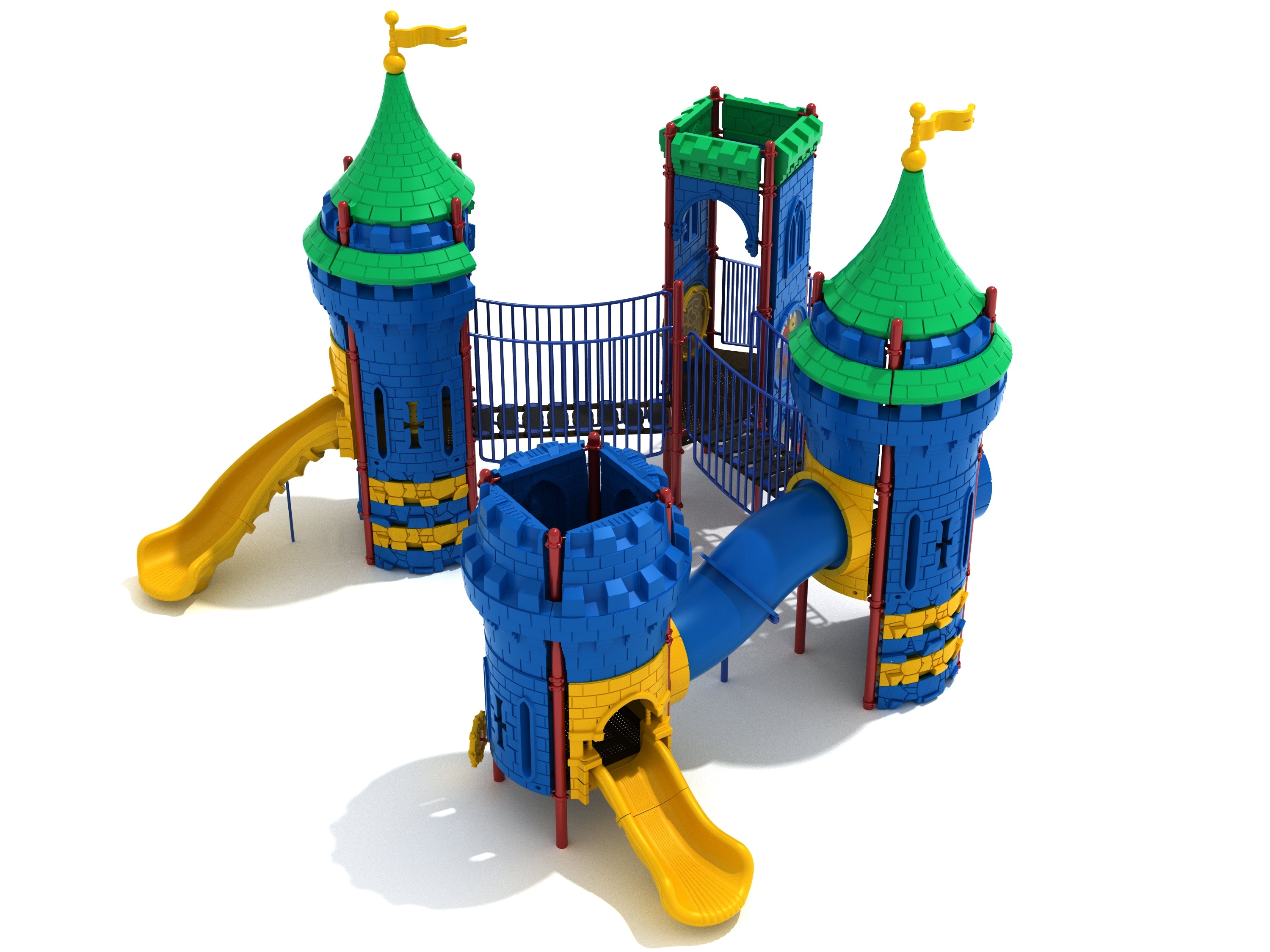 Narrow Passage Playground with blue and yellow castle towers, green turrets, suspension walkways, and slides