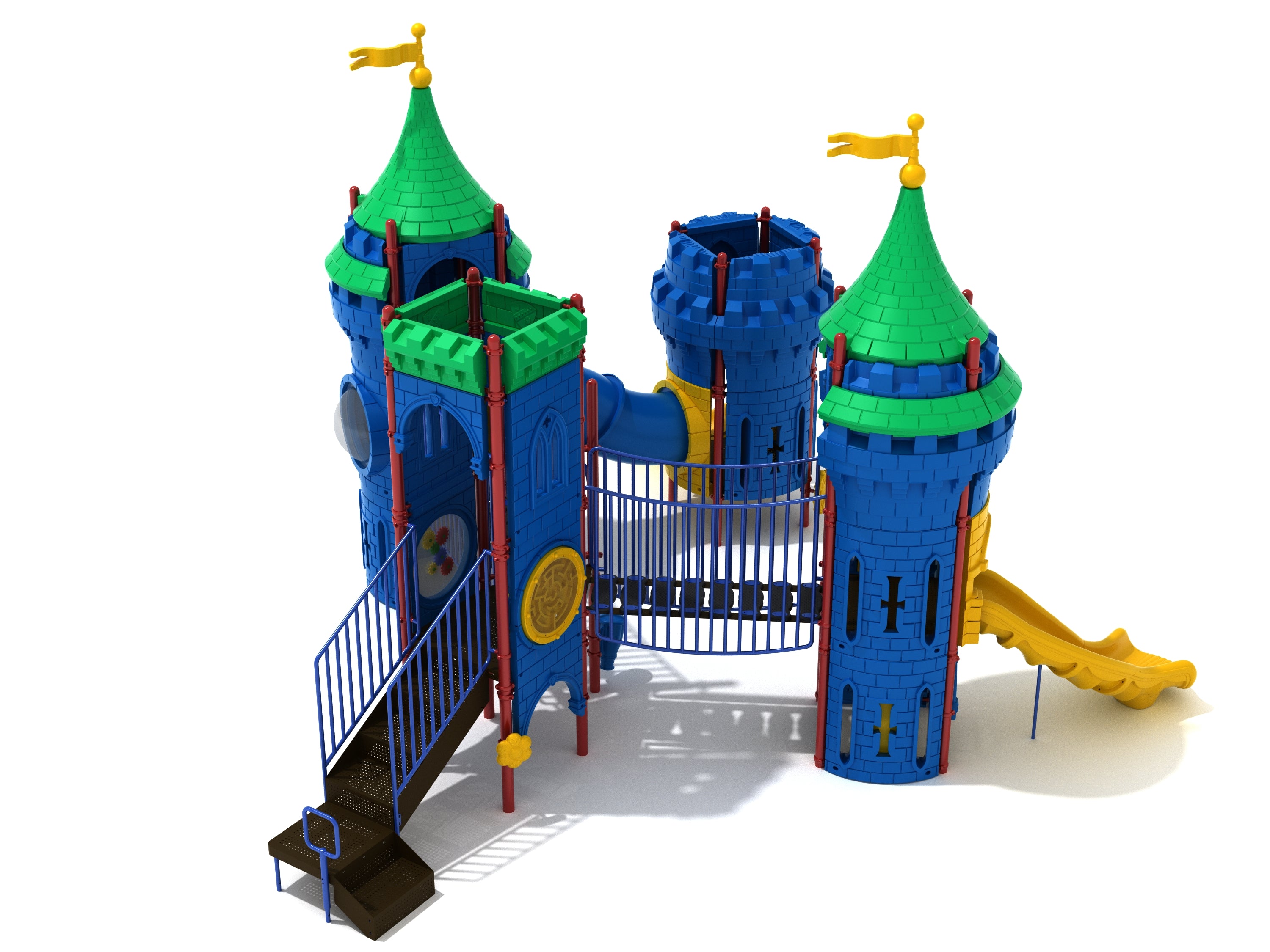 Castle-themed playground with blue towers, green conical roofs, yellow slides, and suspension bridge connecting decks